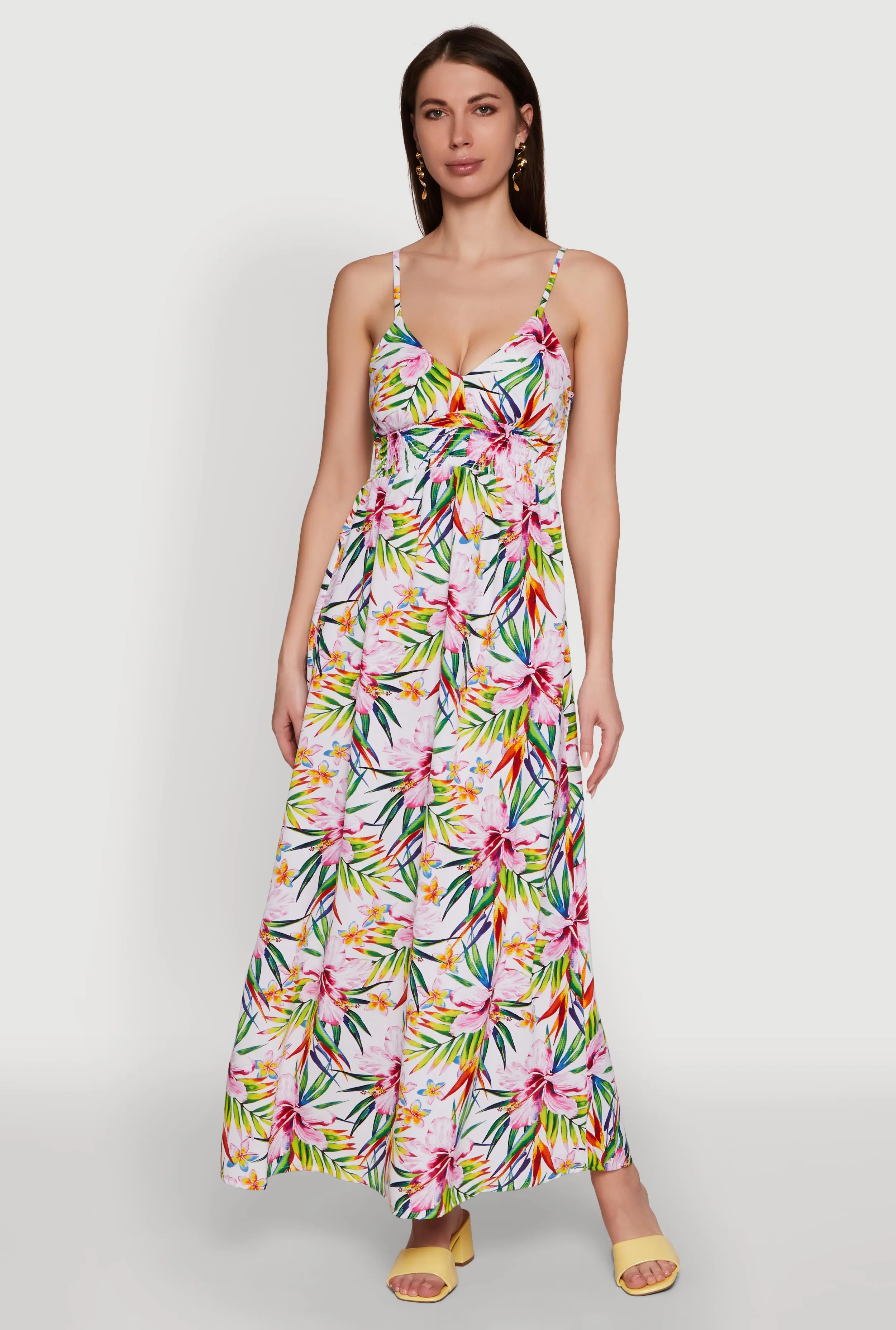 Star Light Tropical Floral Maxi Dress with V Neck and Smocked Details