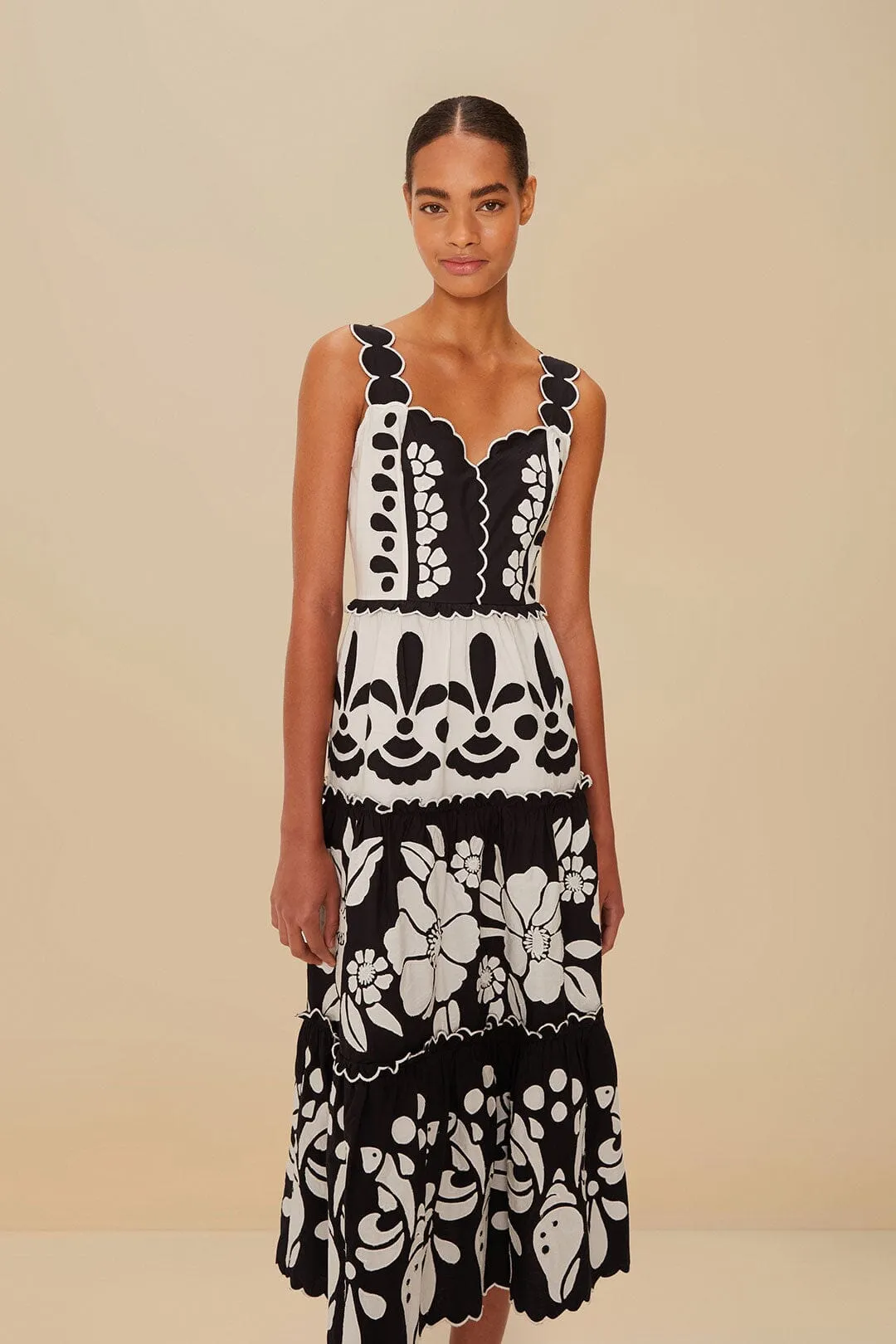 Sunrise Feel Black And White Summer Cutwork Organic Cotton Midi Dress