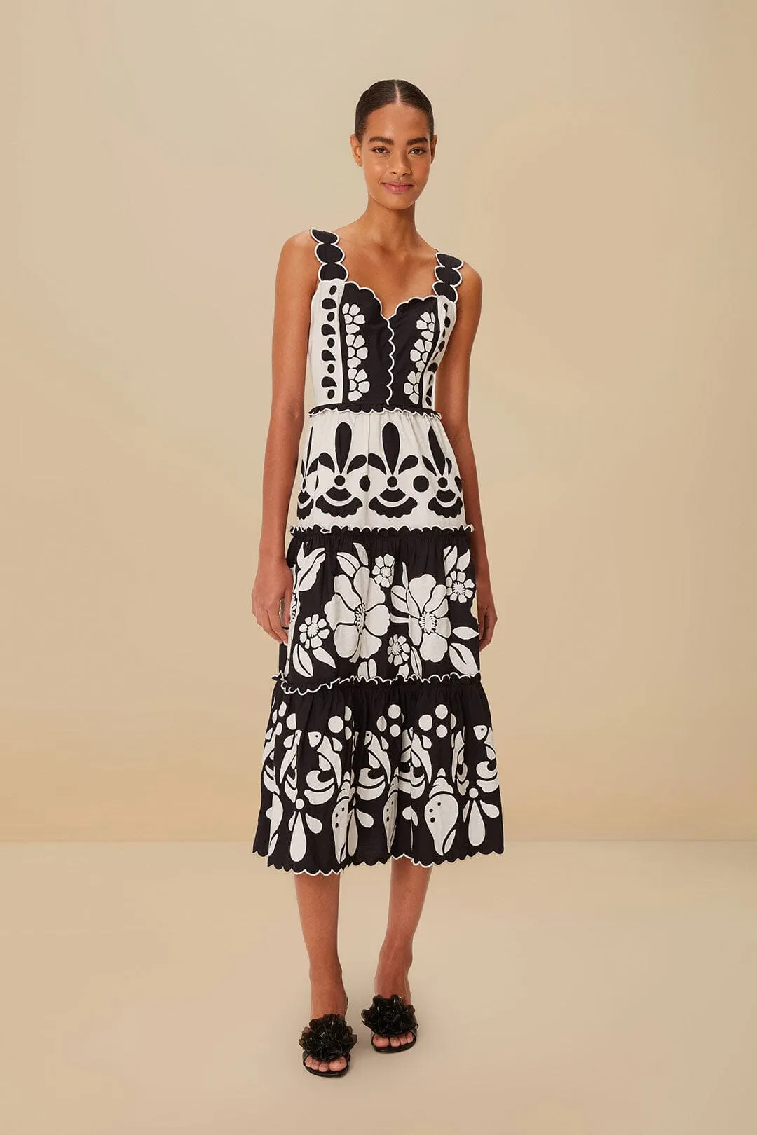 slow life Black And White Summer Cutwork Organic Cotton Midi Dress