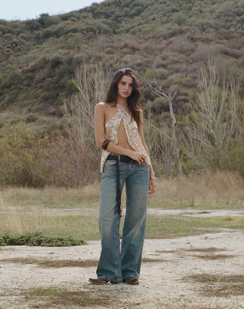 Low Rise Parallel Jeans in Extreme Blue Green Loose Thread