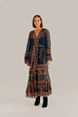 Orange Ainika Tapestry Slit Maxi Dress Hand Stitch Fold Art
