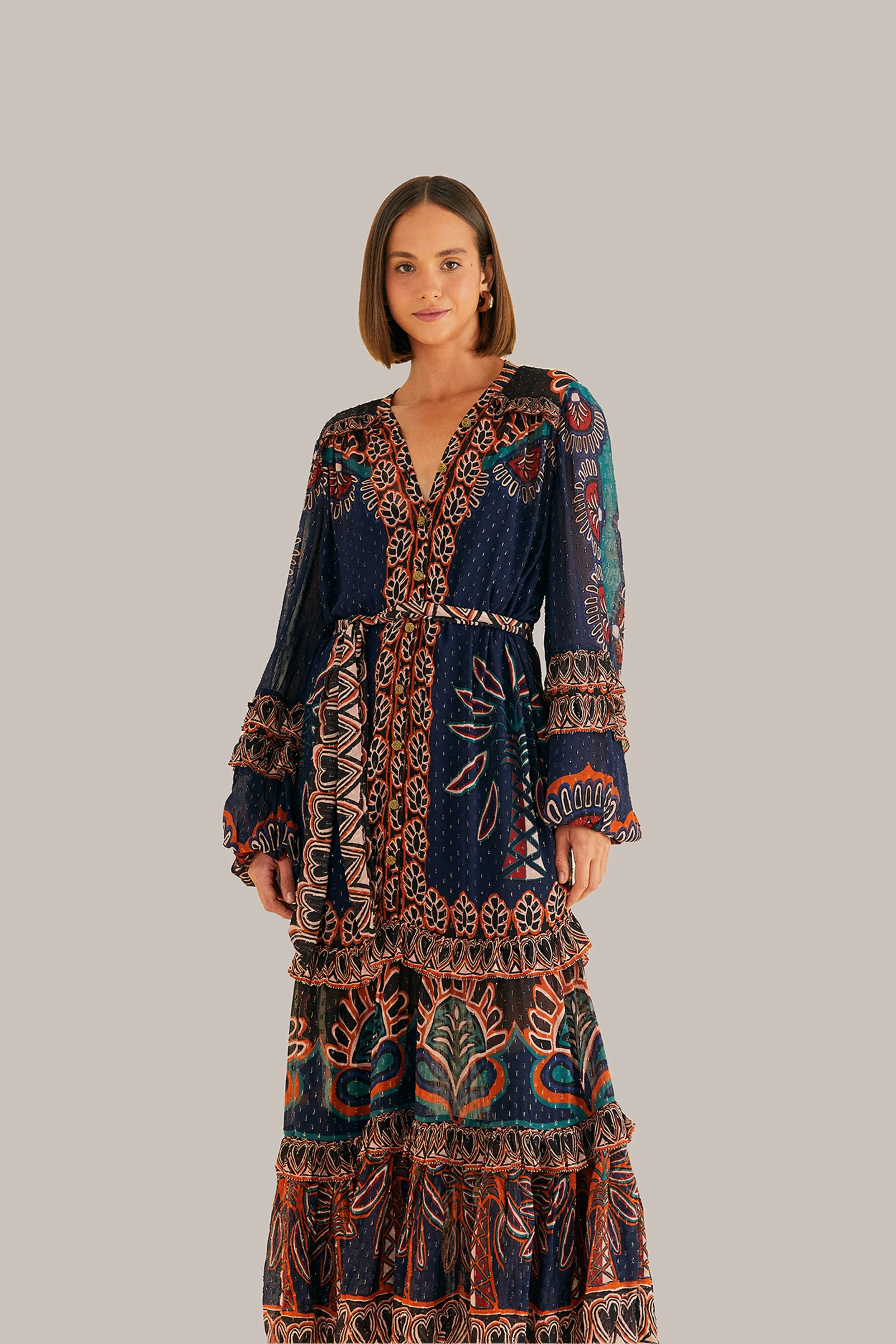 Retro Charm Orange Ainika Tapestry Slit Maxi Dress