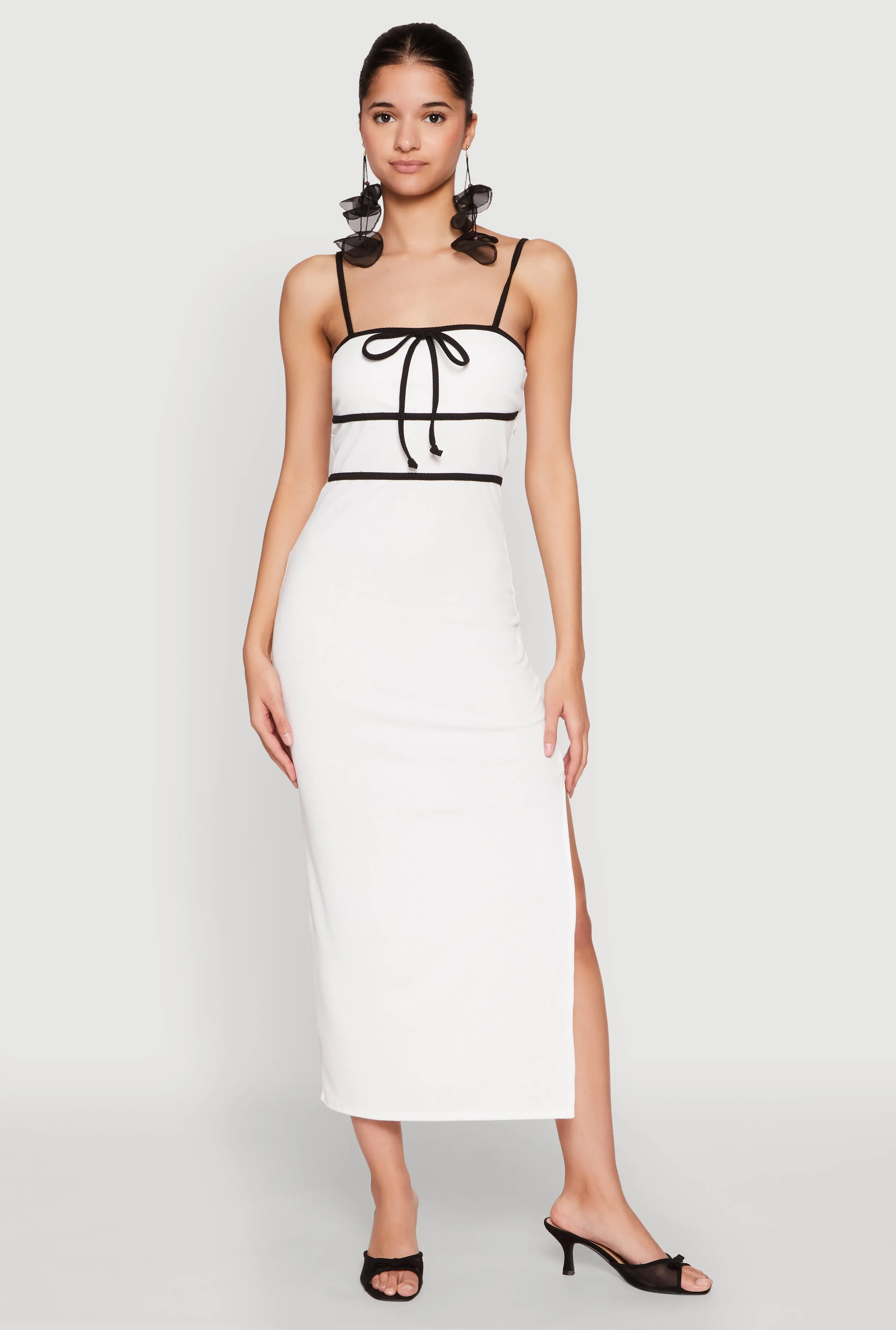 Contrast Trim Tie Front Side Slit Dress Silver Shine Wedding guest
