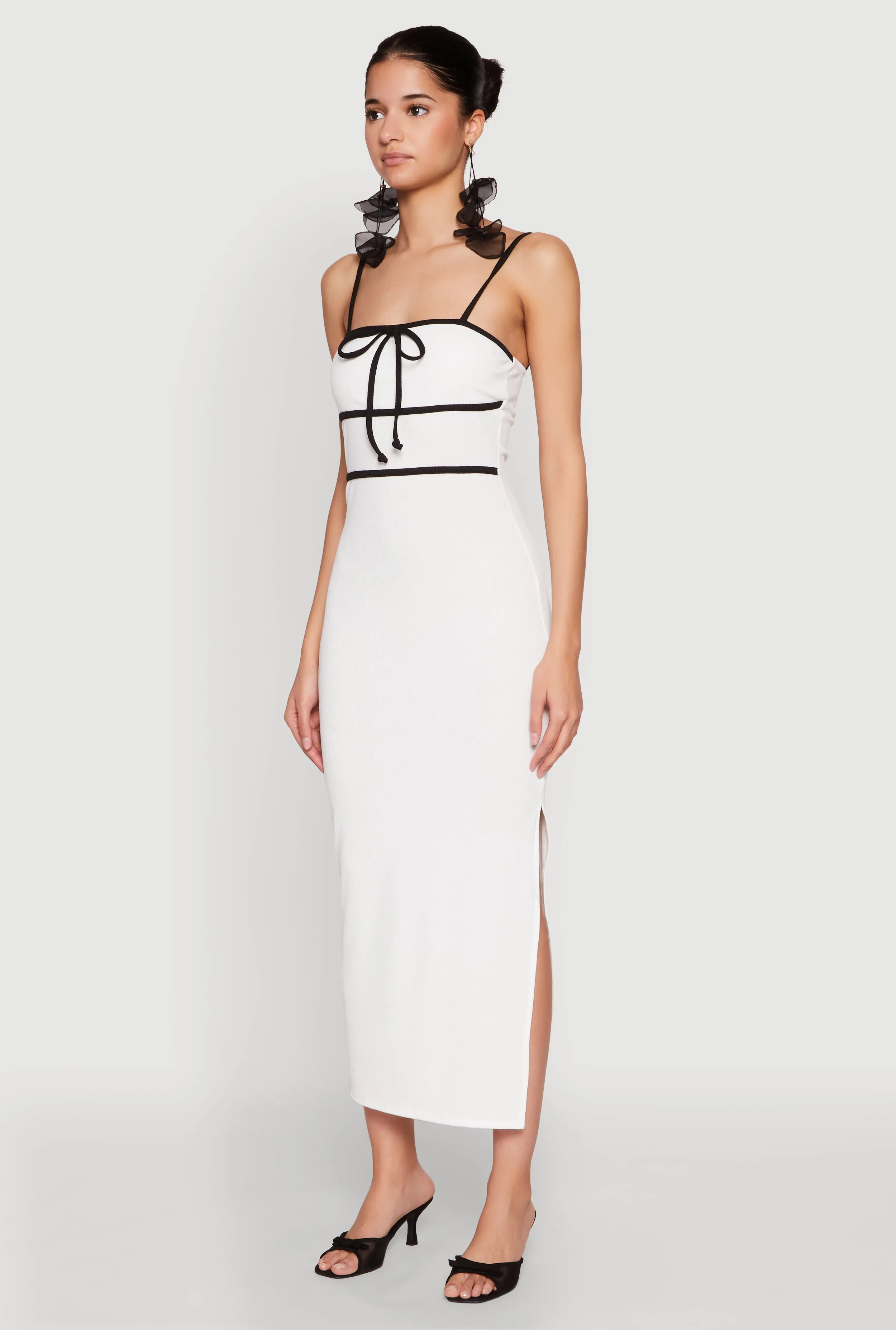 Contrast Trim Tie Front Side Slit Dress Story Wear