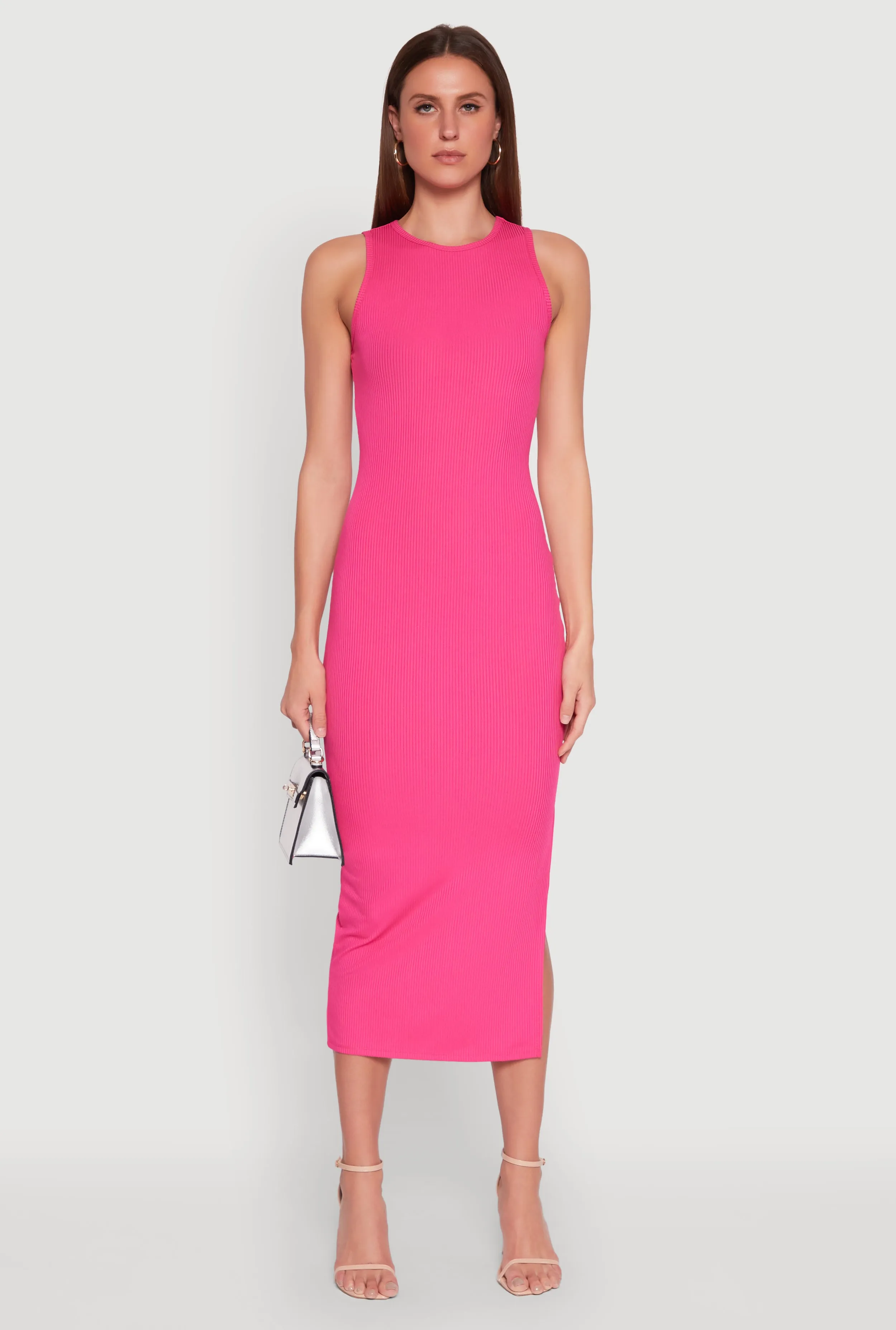 Soft Pink Rain Safe Crew Neck Rib Knit Side Slit Maxi Dress