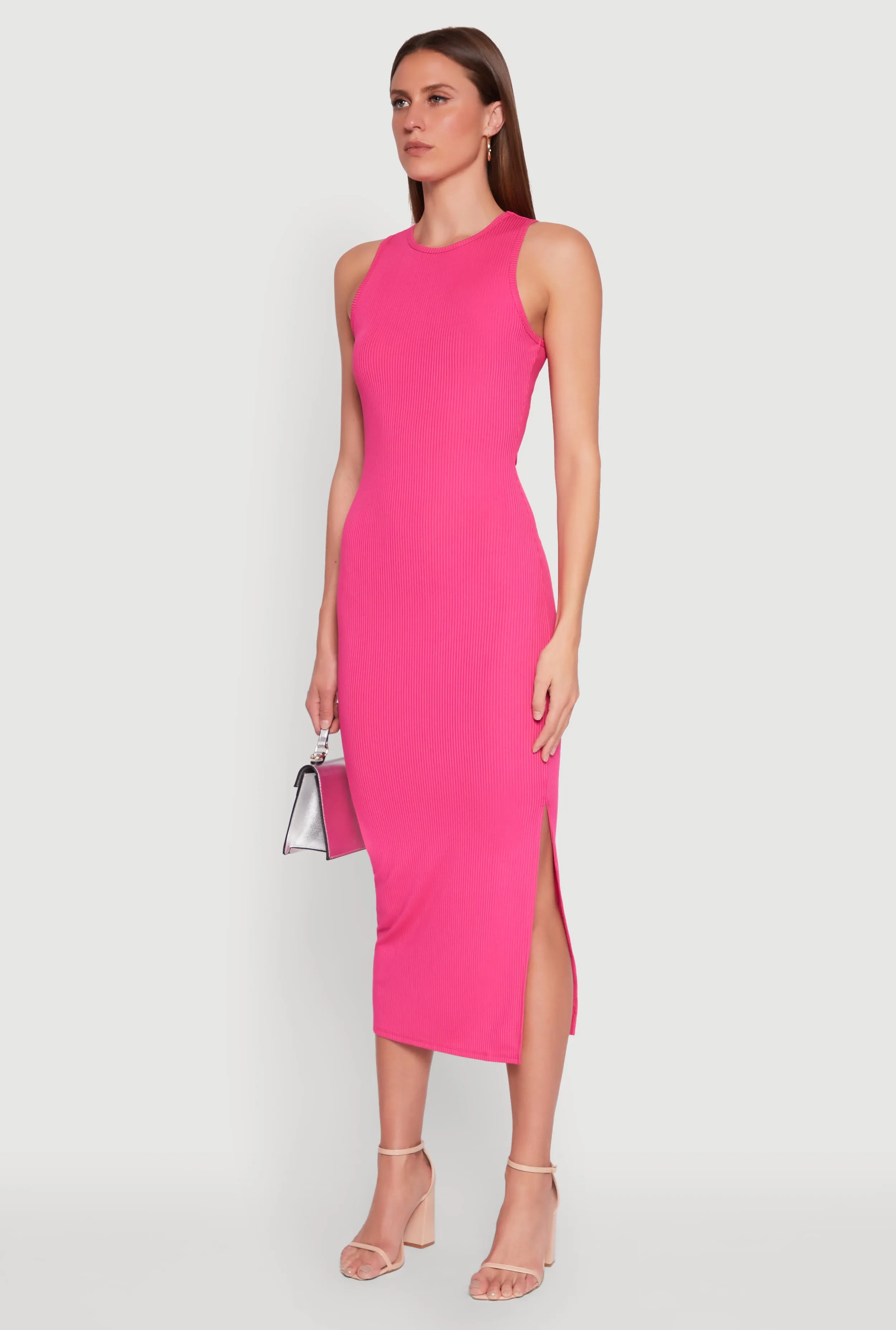 Crew Neck Rib Knit Side Slit Maxi Dress Layer Art