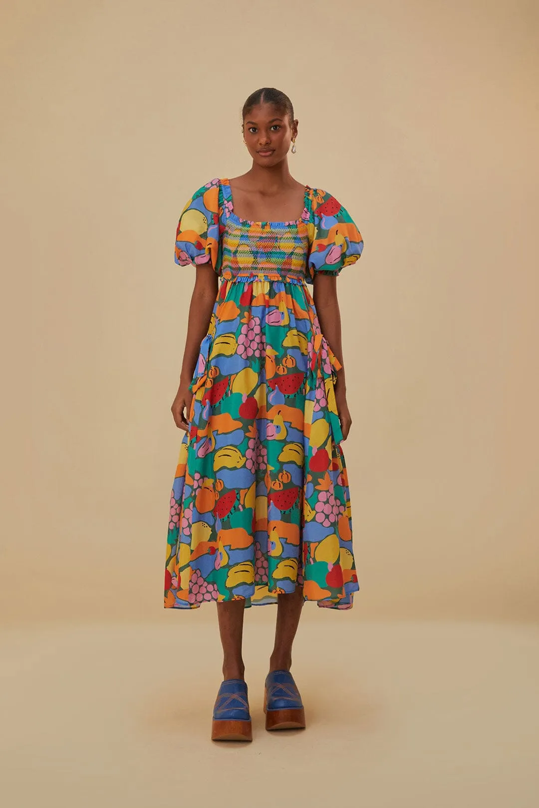 Chic For Work Multicolor Fruit Landscape Short Sleeve Midi Dress