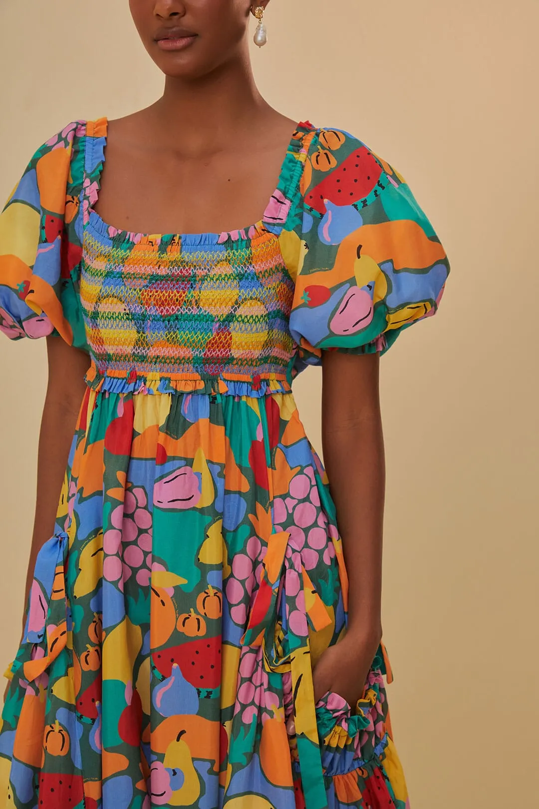 Casual Style Date night Multicolor Fruit Landscape Short Sleeve Midi Dress