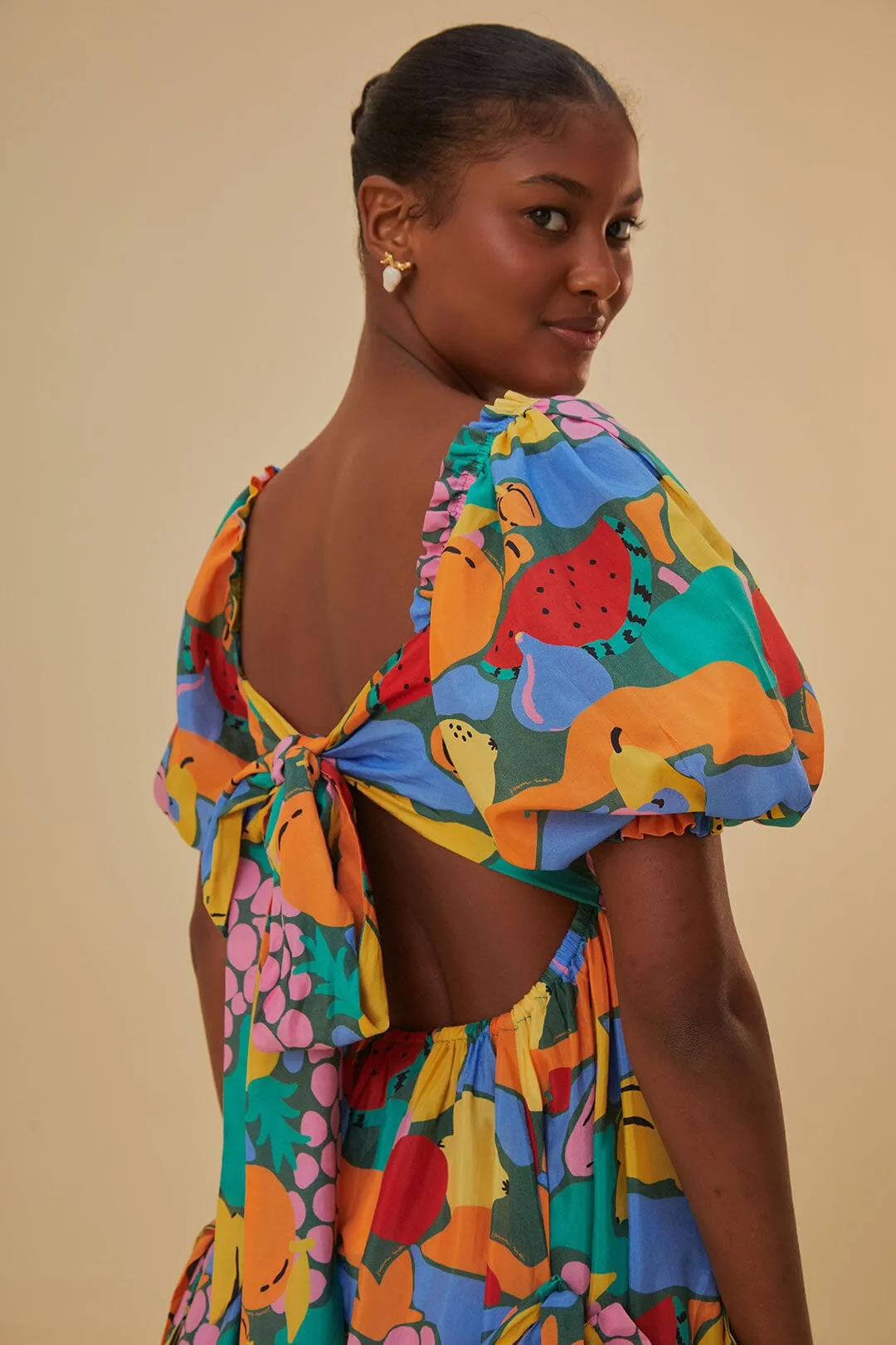 Multicolor Fruit Landscape Short Sleeve Midi Dress Practical yet fashionable midi
