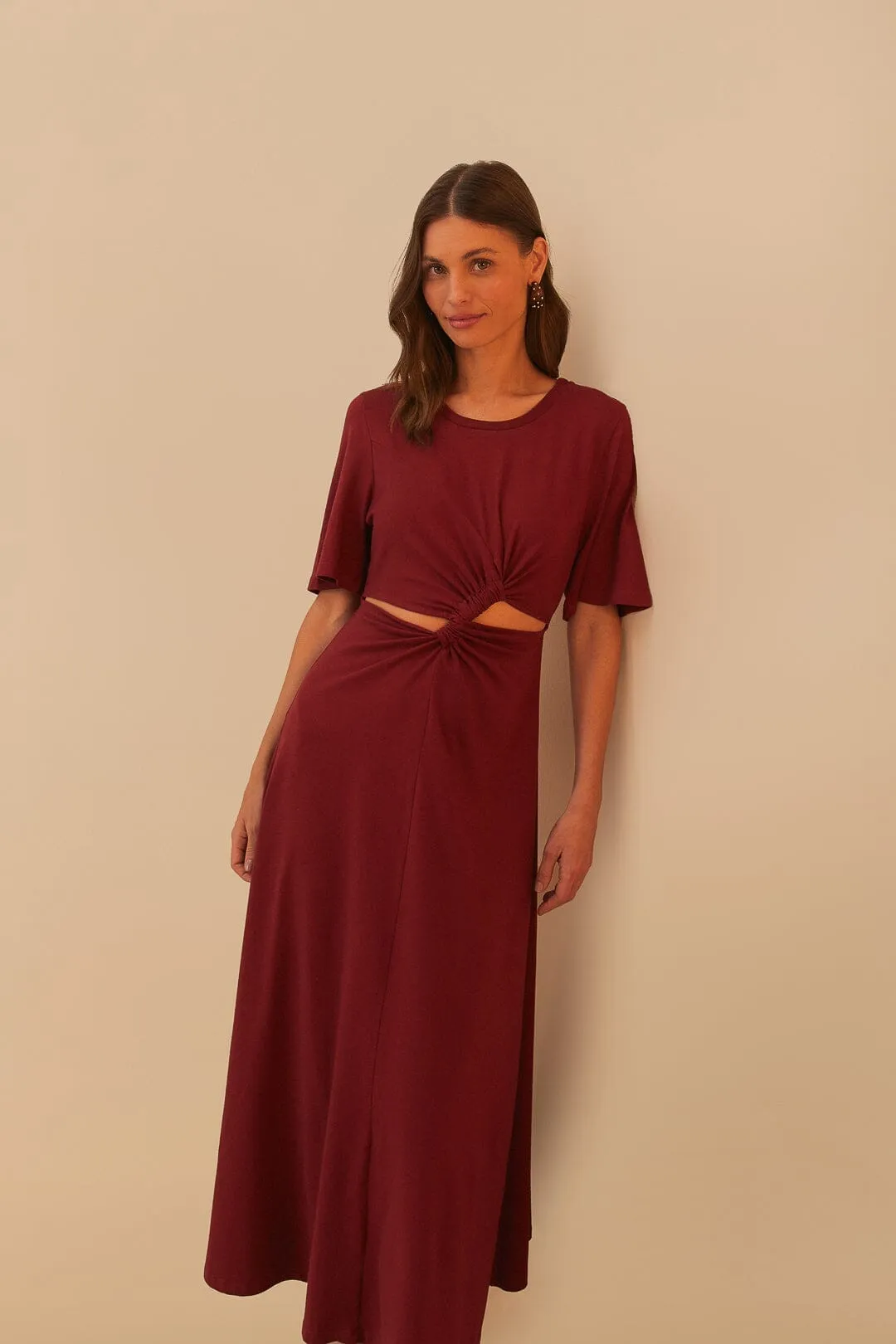 Graceful Flow Book Cafe Red Short Sleeve Cut-Out Midi Dress