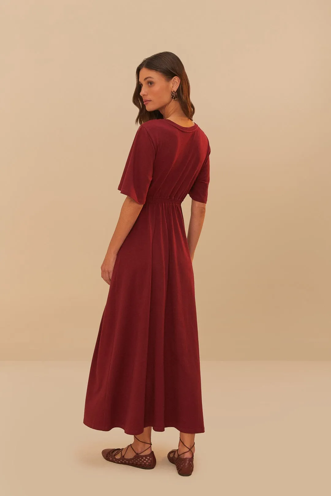 Wave Sound Classic Design Red Short Sleeve Cut-Out Midi Dress