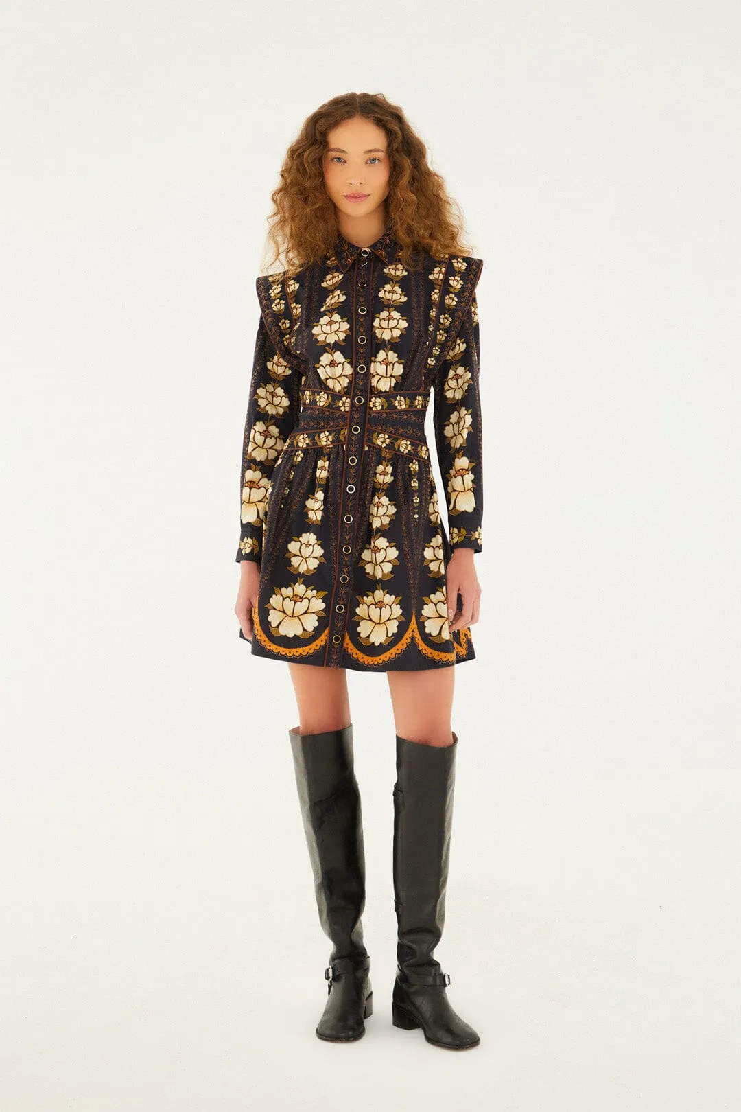 Glow Soft Black Embroidered Flowers Long Sleeve Organic Cotton Mini Dress