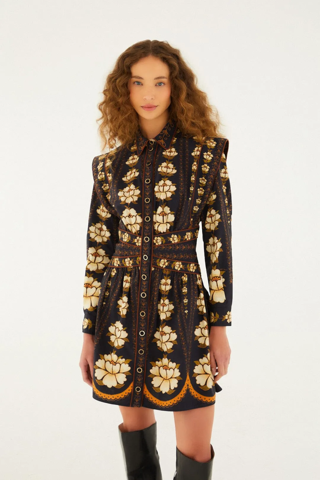 Black Embroidered Flowers Long Sleeve Organic Cotton Mini Dress Pop Mode Hot Beat