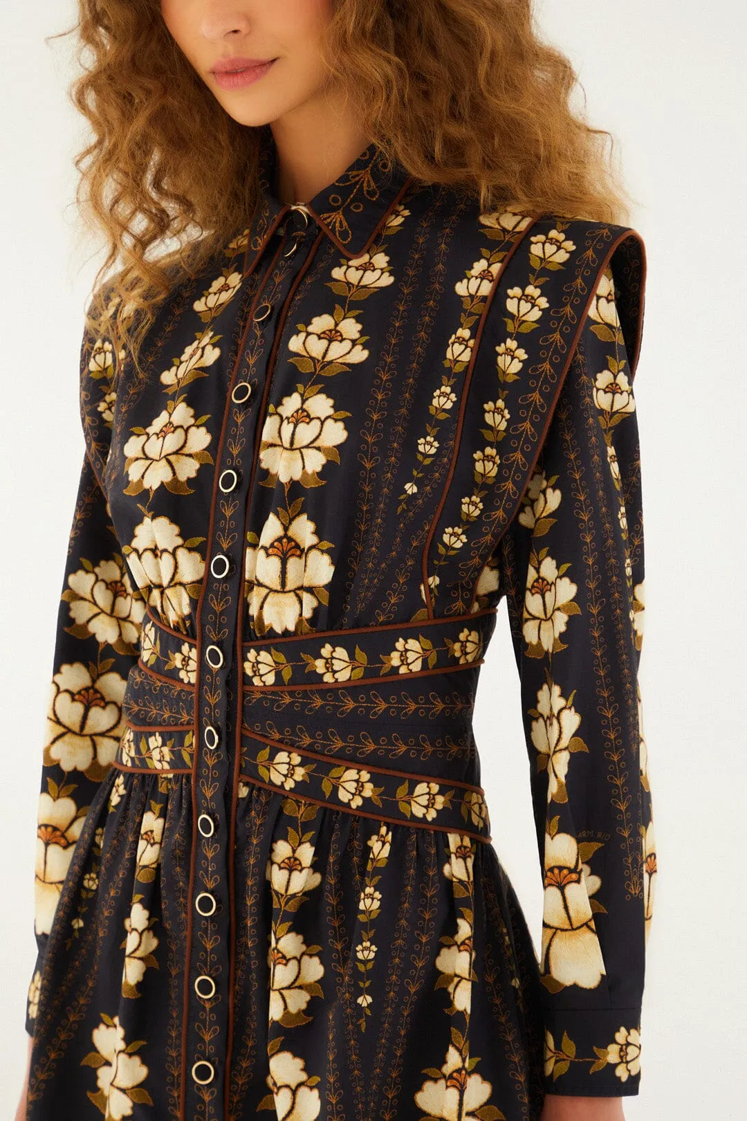 Black Embroidered Flowers Long Sleeve Organic Cotton Mini Dress Show Glow