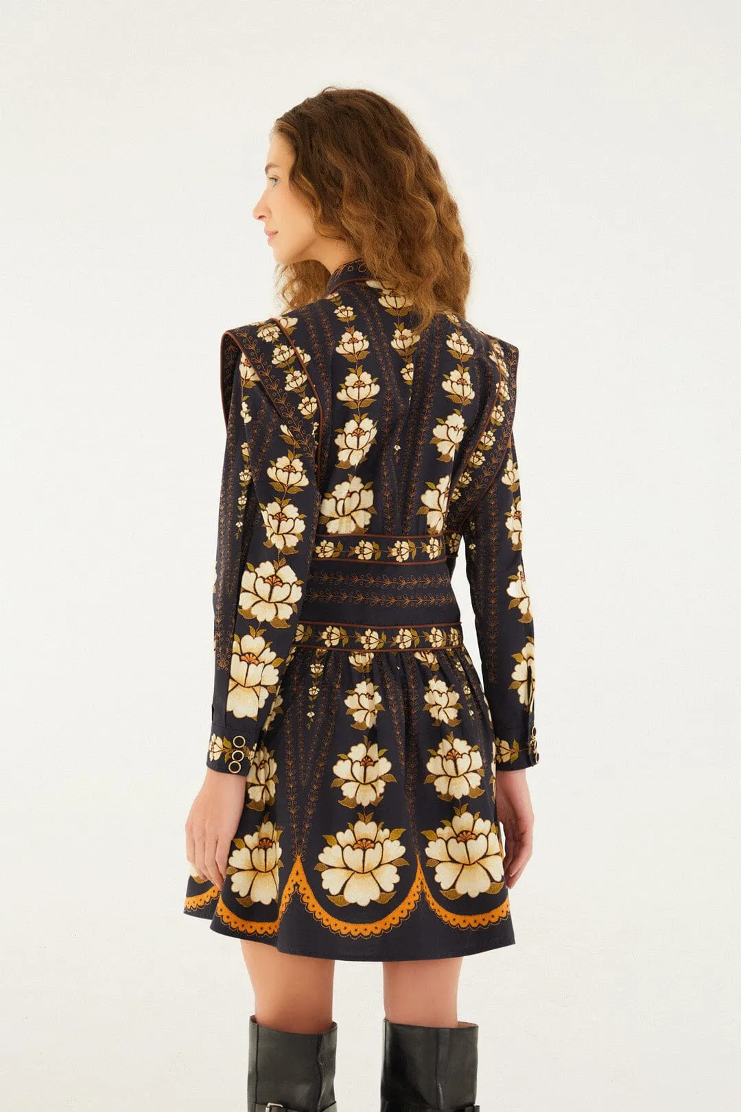 Black Embroidered Flowers Long Sleeve Organic Cotton Mini Dress Uniform Drape