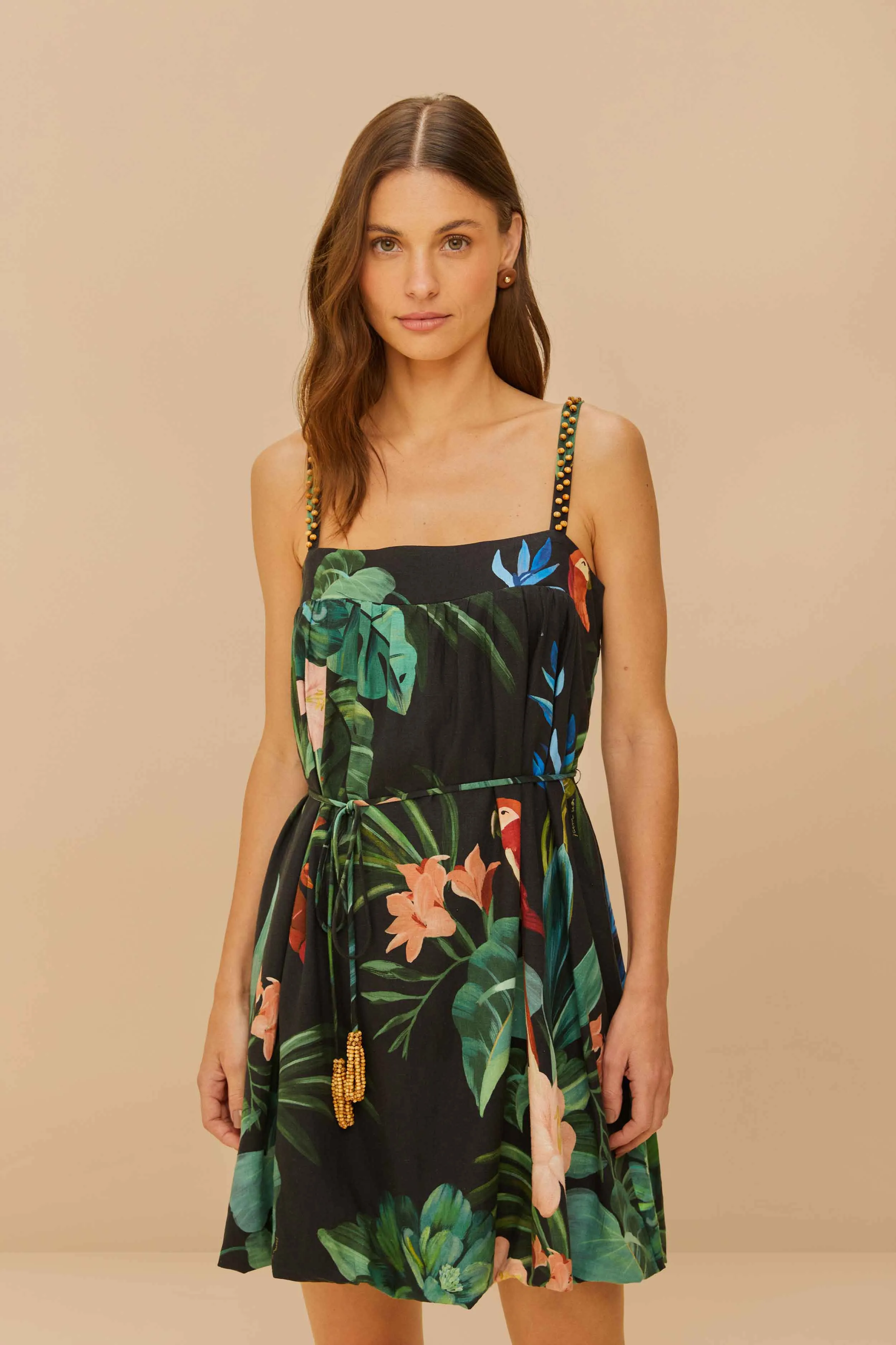 Feminine mini-length gown Summer Heat Black Midnight Macaw Fiesta LENZING? ECOVERO? Euroflax? Mini Dress
