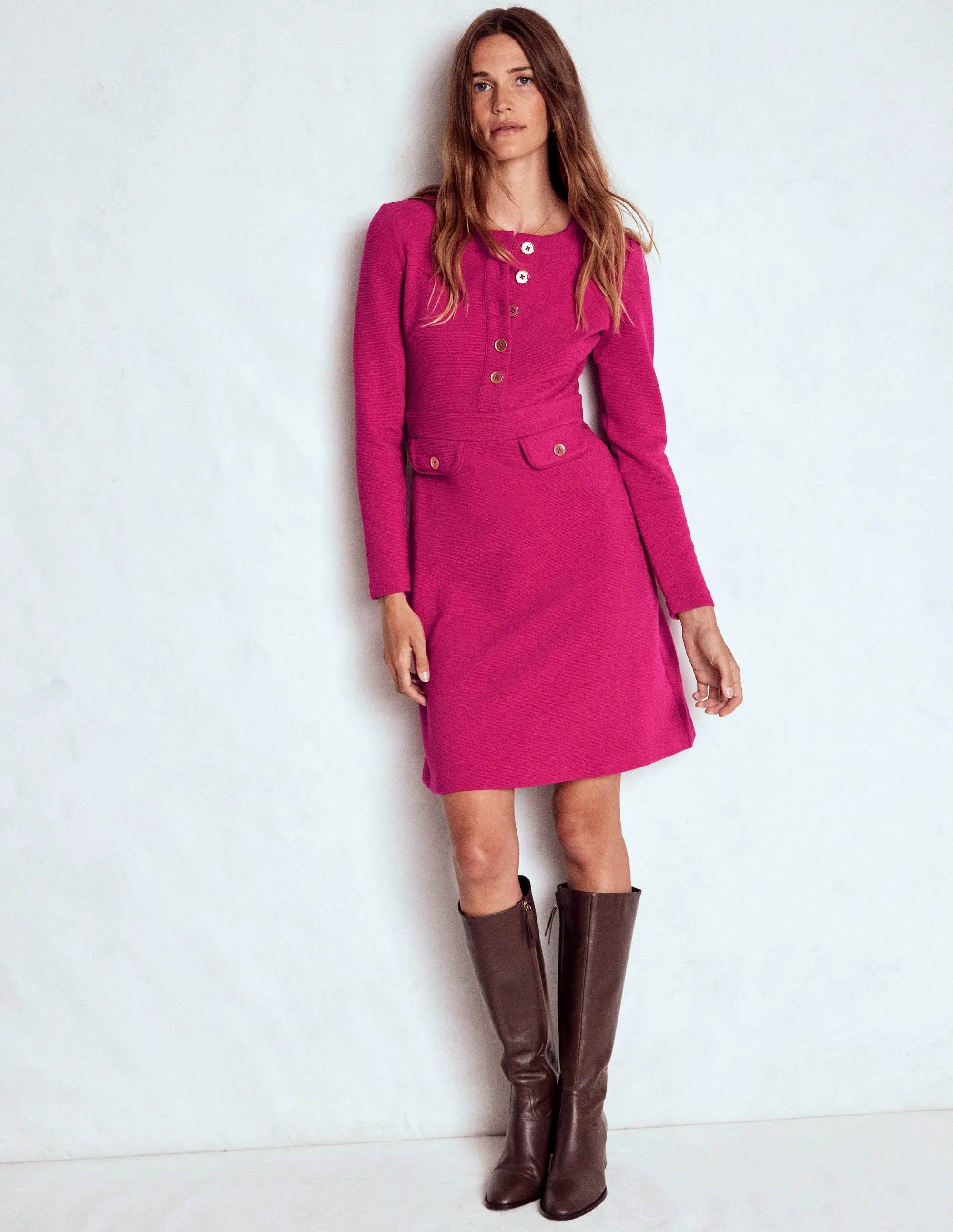 Lavinia Button Shift Dress-Vibrant Pink Bohemian style Bold Look