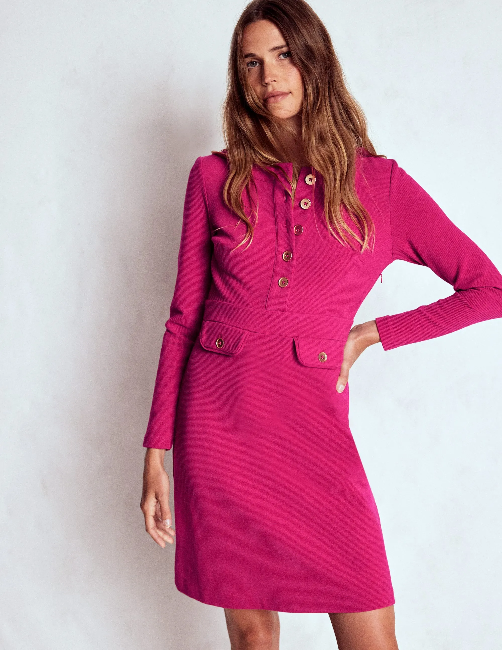 Lavinia Button Shift Dress-Vibrant Pink Water Resistant Photo Ready