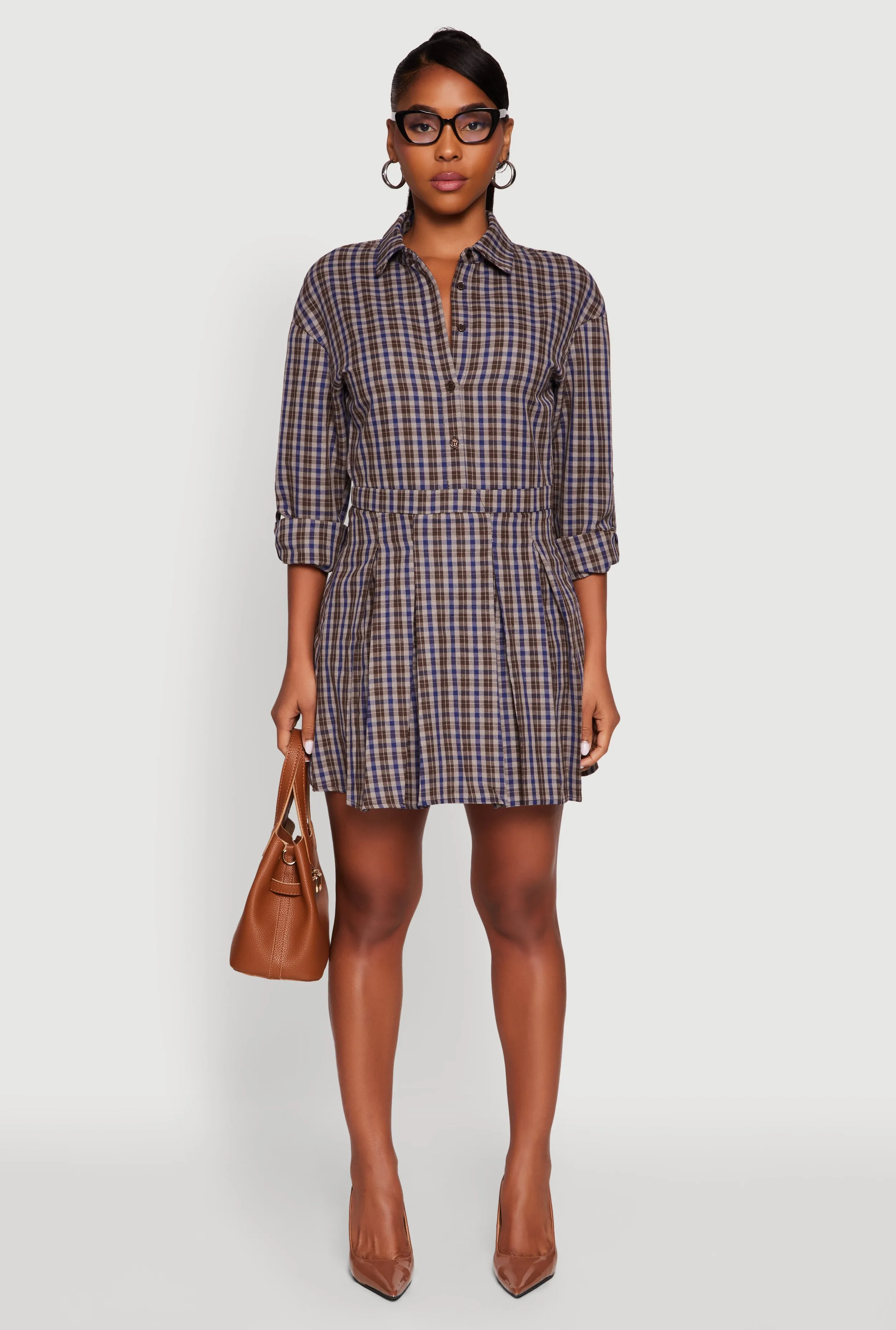 Boho Look Vibrant Prints Plaid Tabbed Sleeve Button Front Shirt Dress
