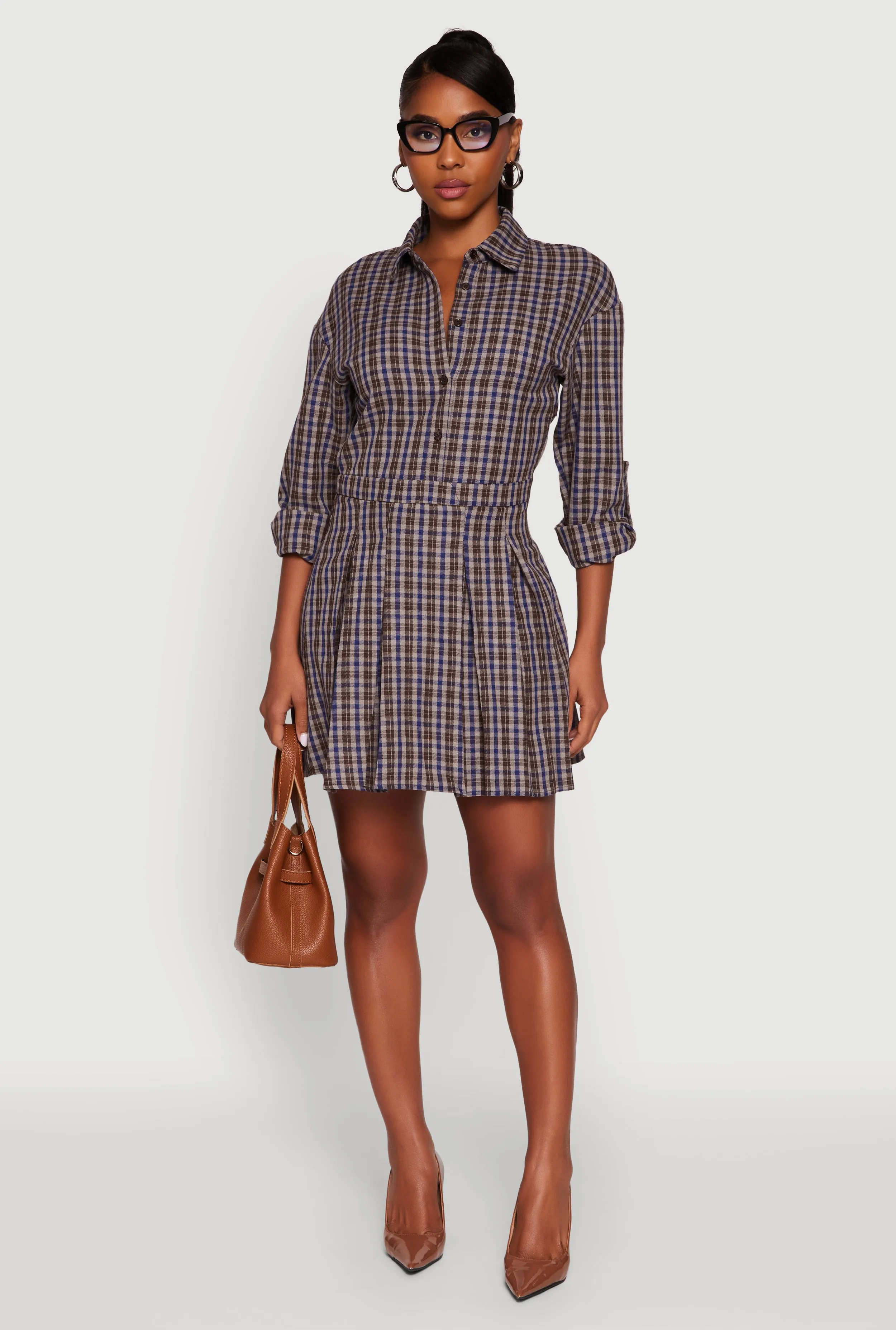 Head Turn Plaid Tabbed Sleeve Button Front Shirt Dress