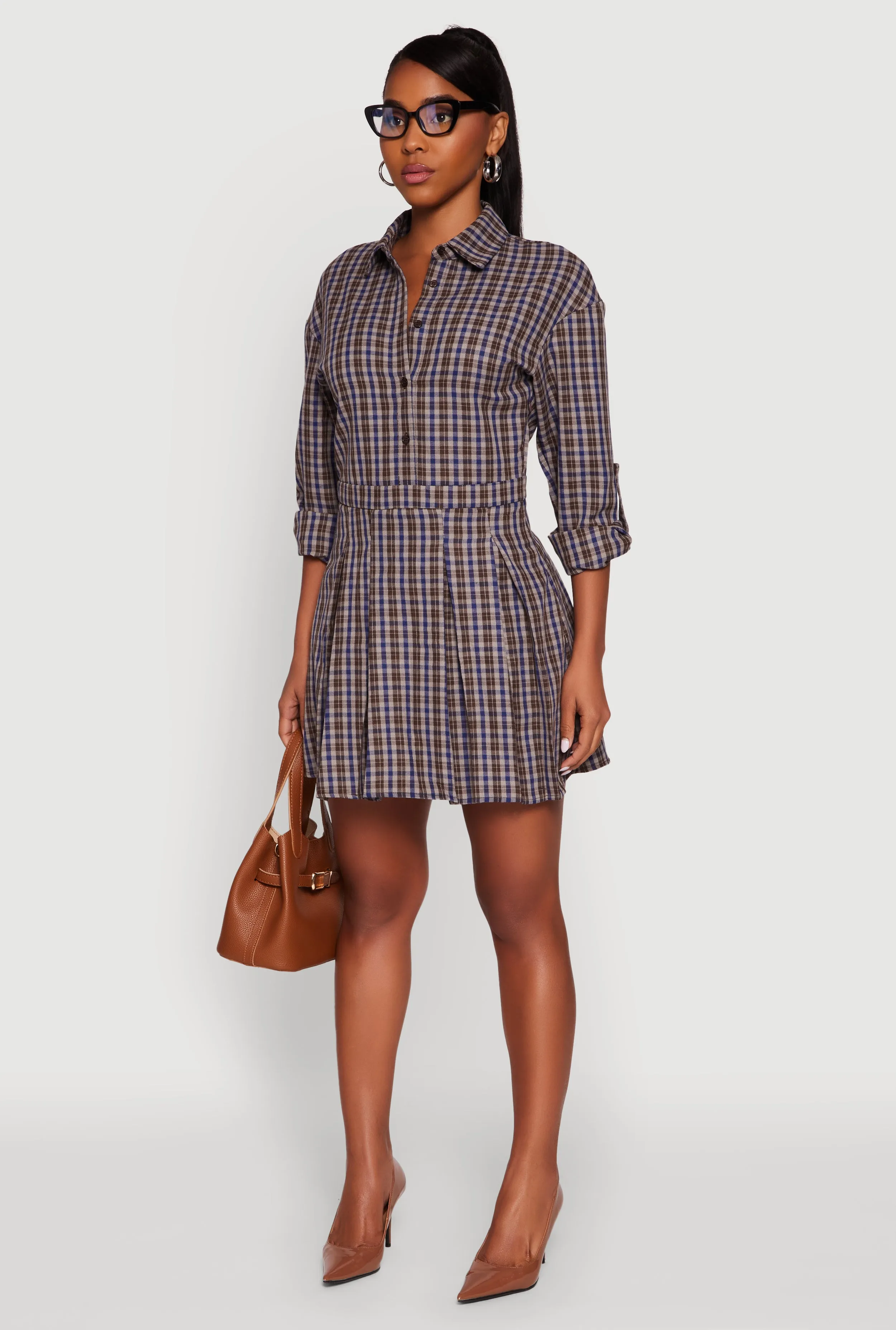 Look Loud Youthful Style Plaid Tabbed Sleeve Button Front Shirt Dress