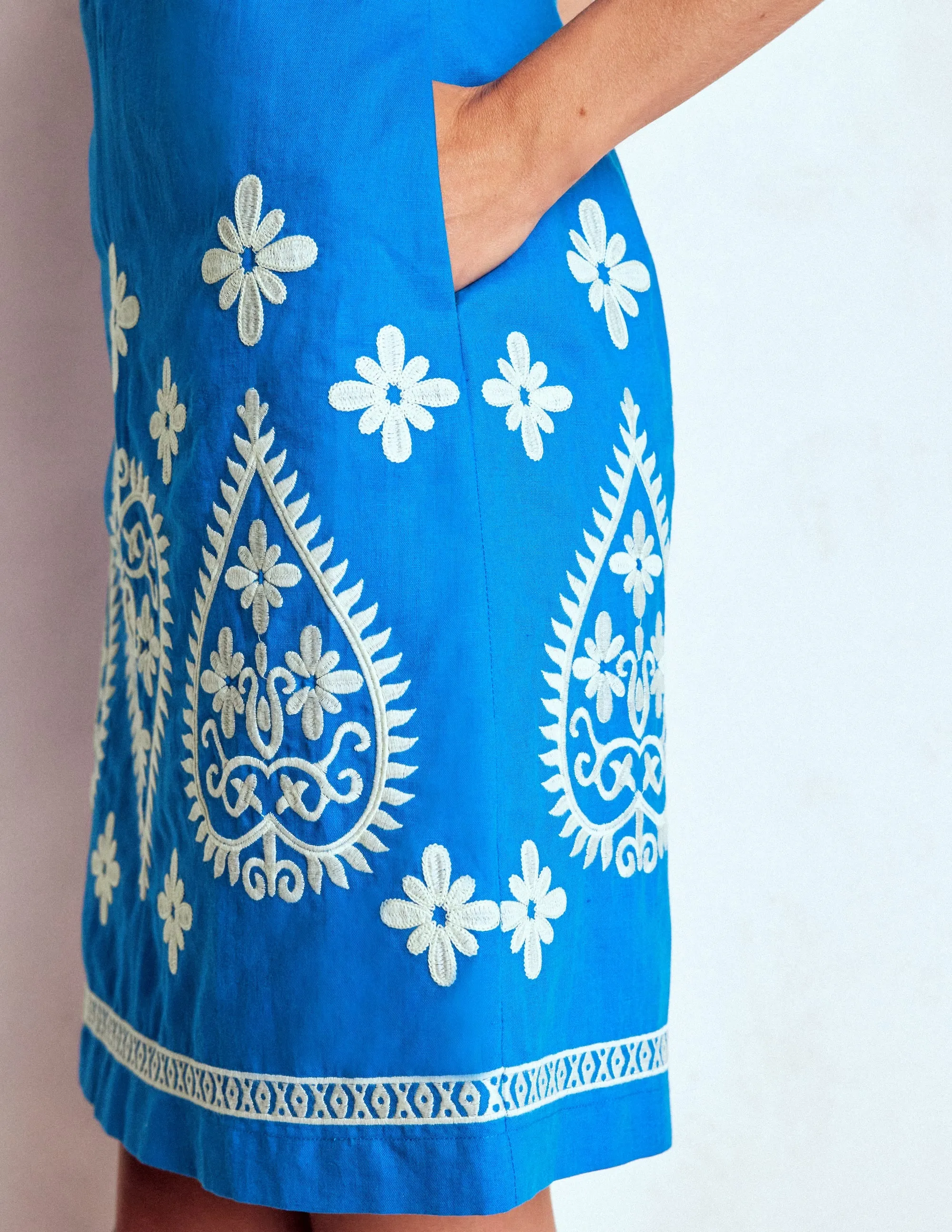 Embroidered Linen Shift Dress-Kingfisher Blue Cozy Design Scene Cool