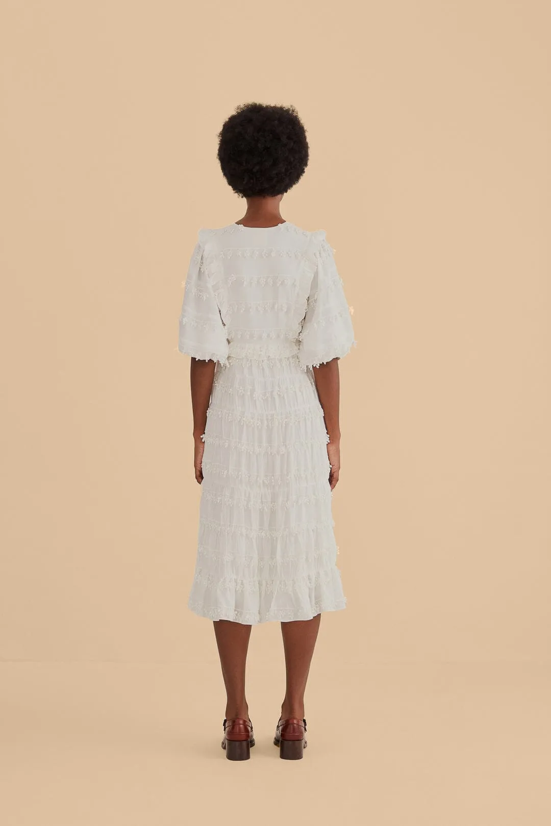 Stylish Silhouettes Polished Attire Off-White Ruffle Tassels Midi Dress