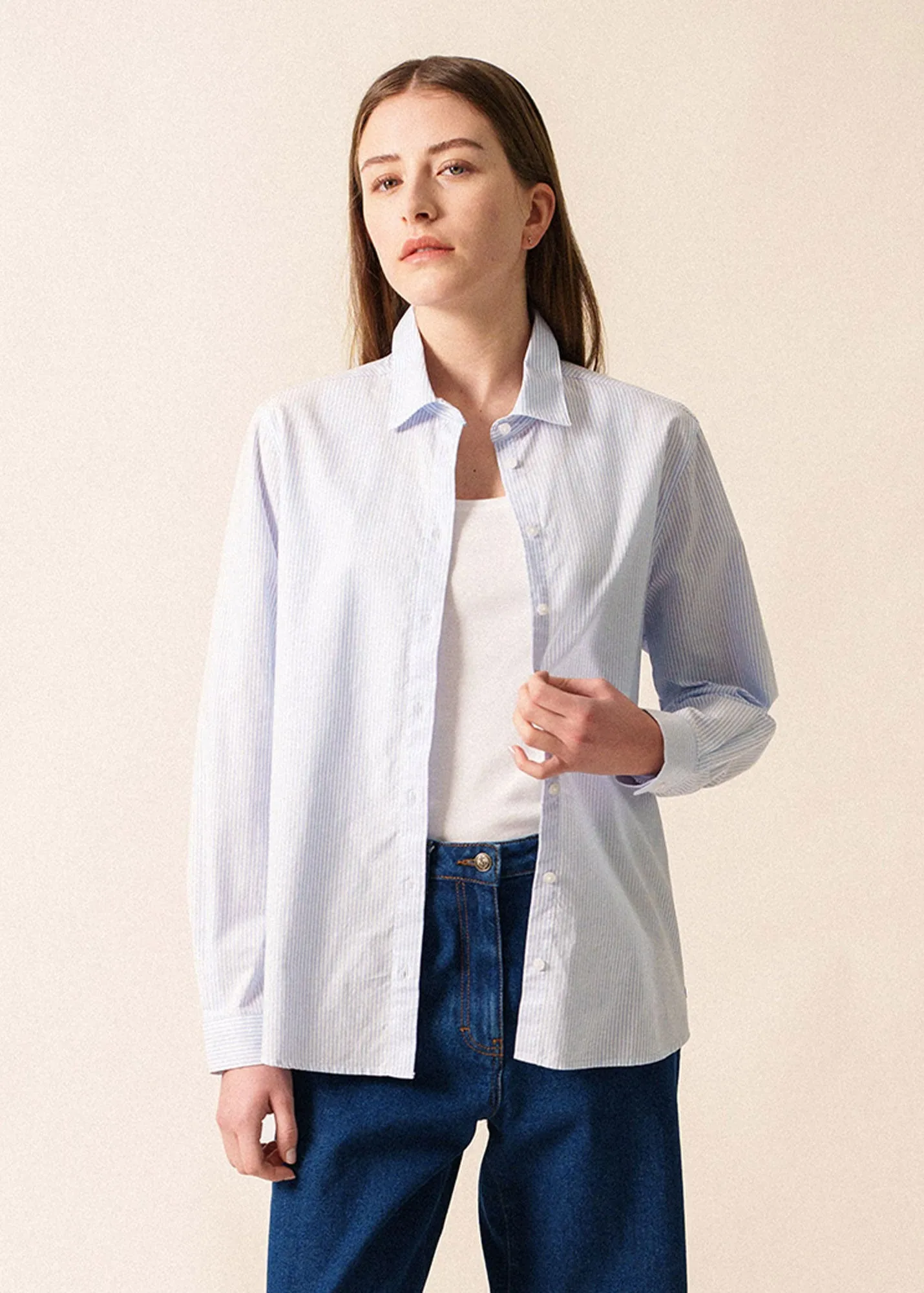 LENA - Striped Oxford Cotton Shirt for Women | 100% Cotton (WHITE / LIGHT BLUE) Gentle Glow