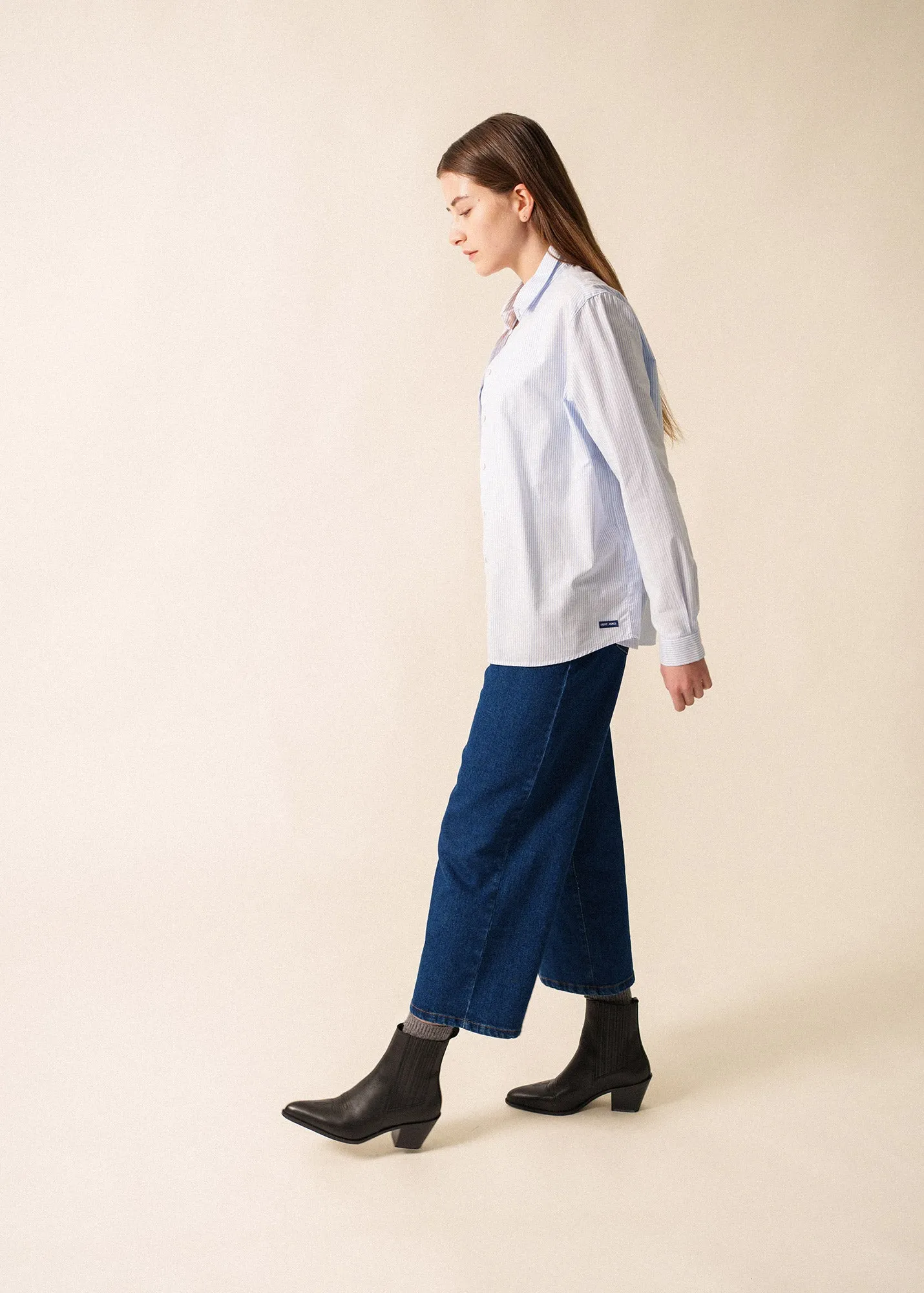 LENA - Striped Oxford Cotton Shirt for Women | 100% Cotton (WHITE / LIGHT BLUE) Ski Core