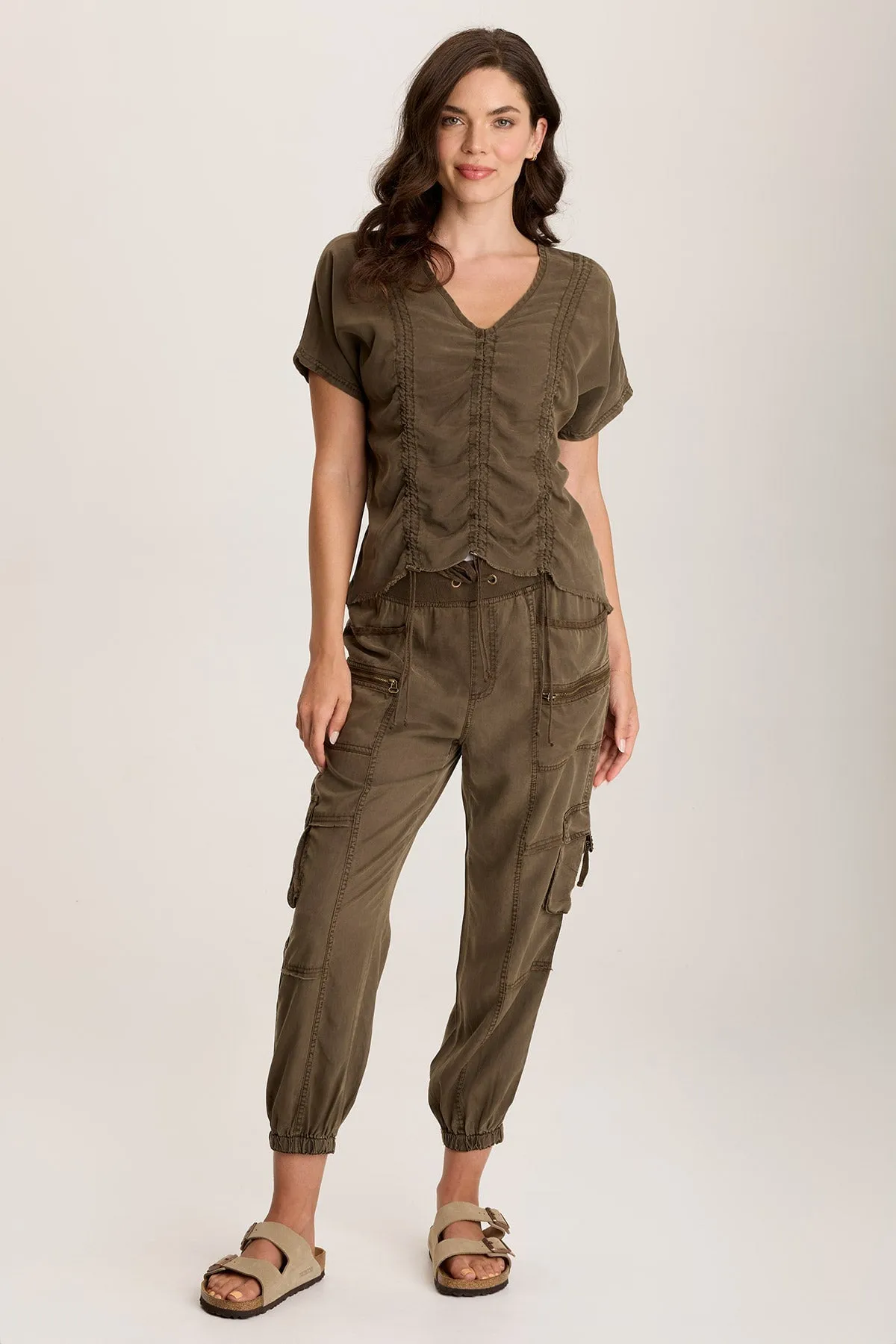 Werner Twill Ruched Cord Relaxed V-Neck Tee OdorControl Technology