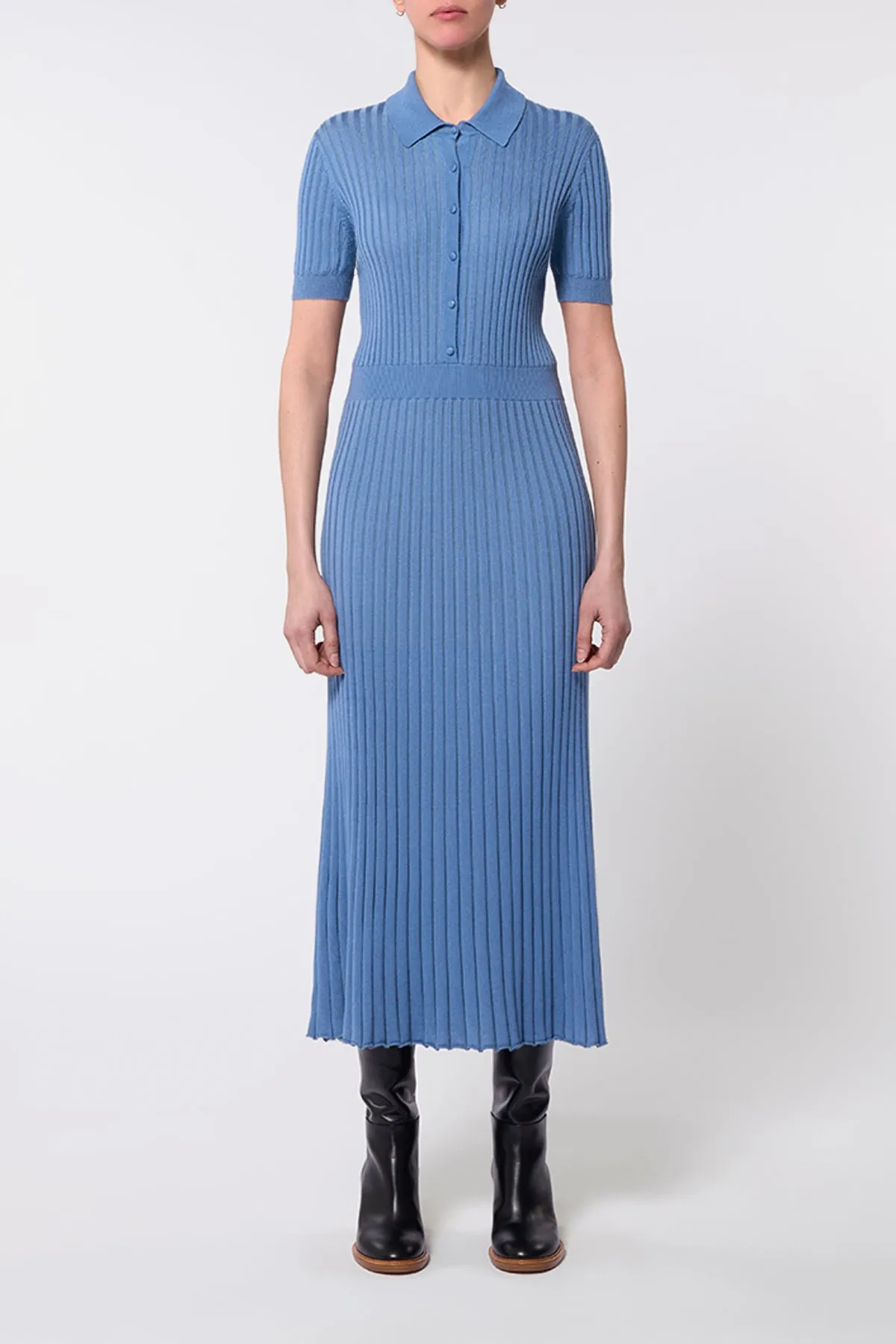 TagFreeDesign Spark Glow Amor Knit Midi Dress in Light Blue Denim Cashmere Silk