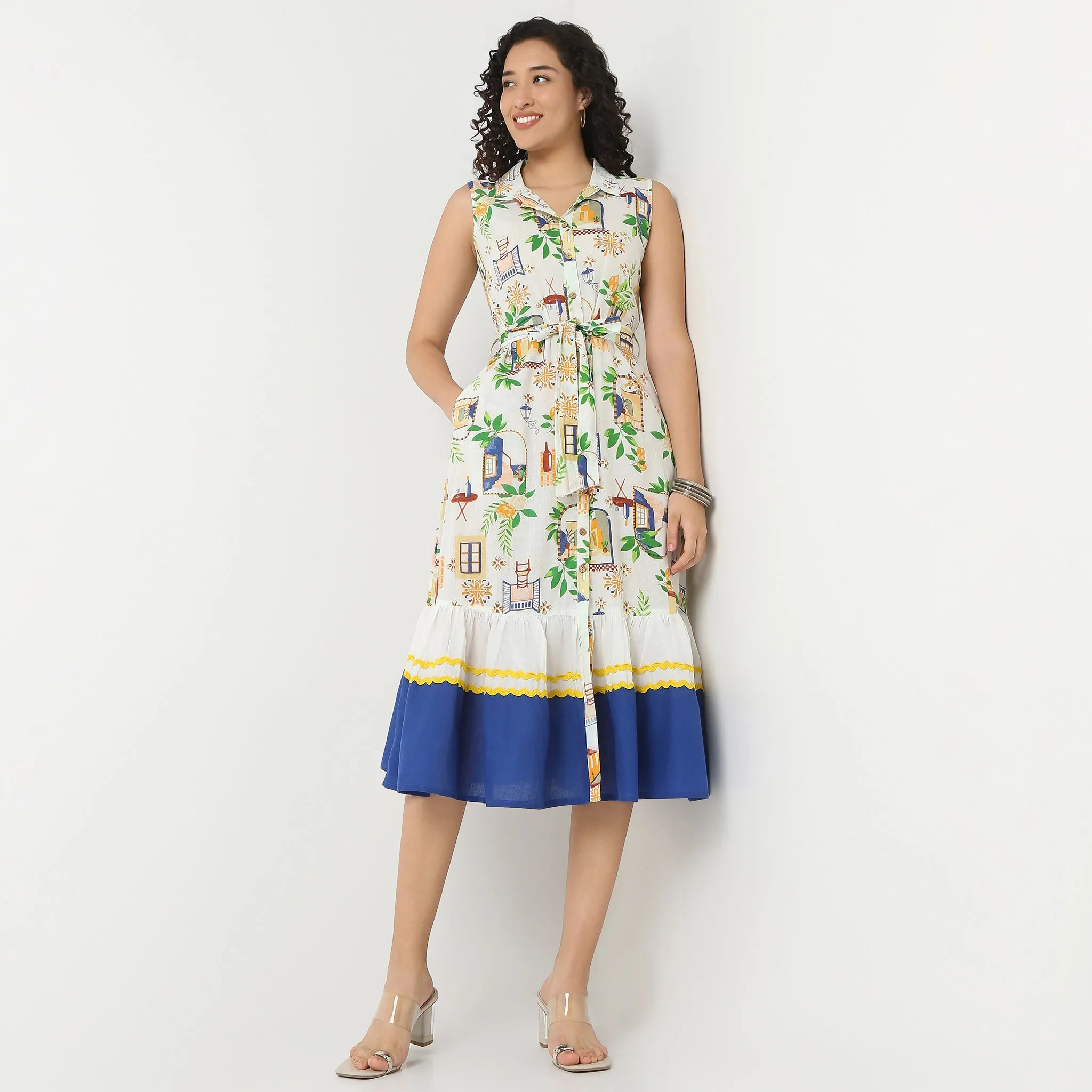 Lapel Collar Sleeveless Printed Dress Bead Soul Clear Mind