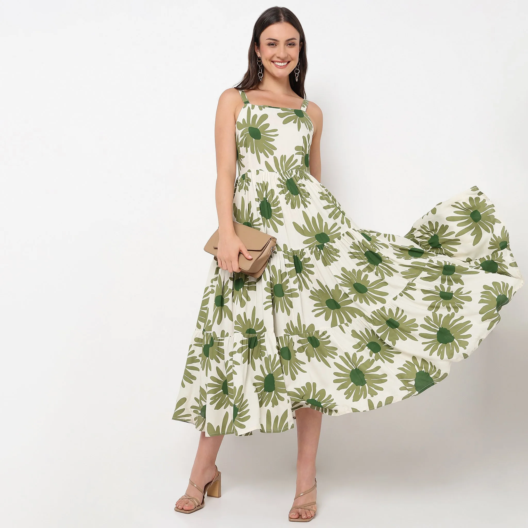 Abstract Square Neck Sleeveless Tiered Dress QuickDryDesign
