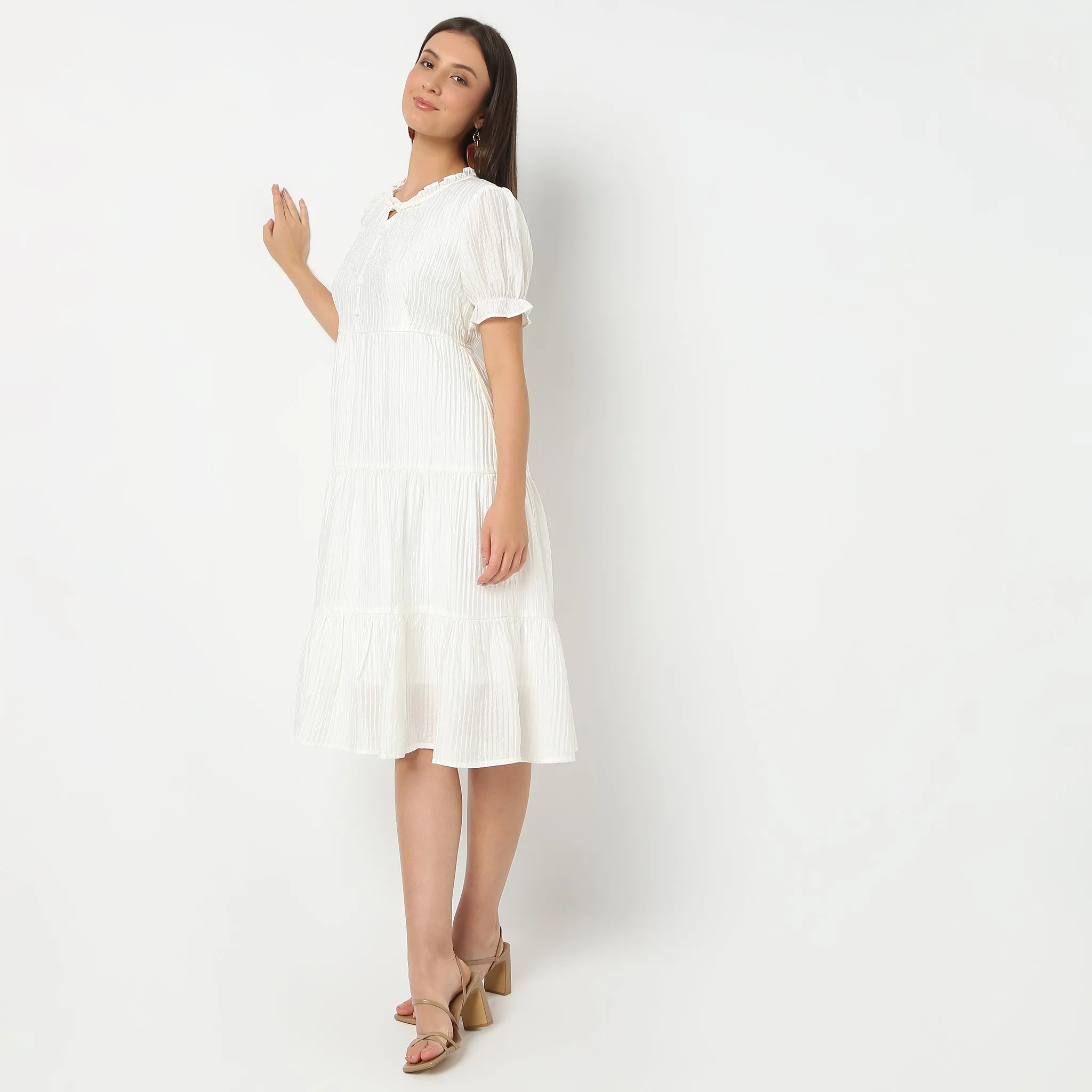 Solid Round Neck Below Knee Flare Fit Dress Wild Mood Neat Edge