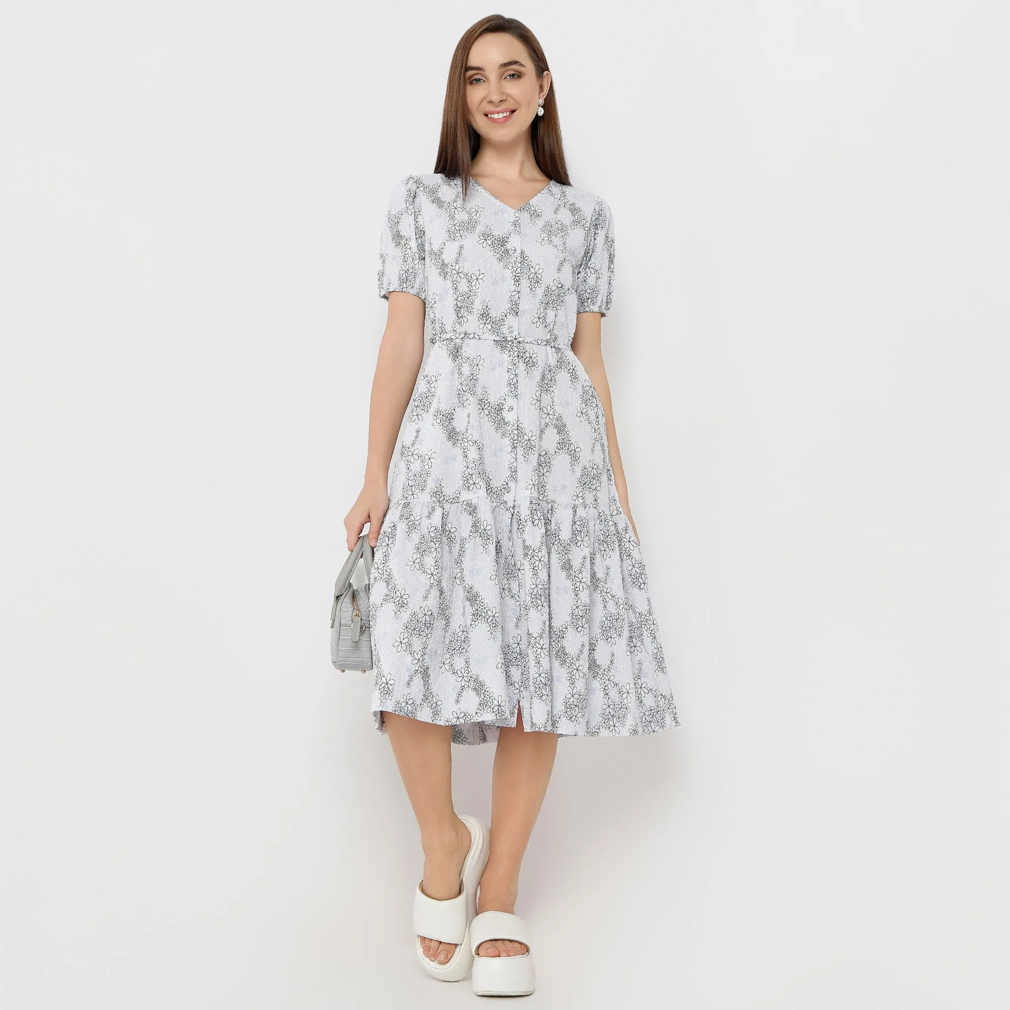 River Core V-Neck Below Knee Short Sleeve Marigold Printed Dress