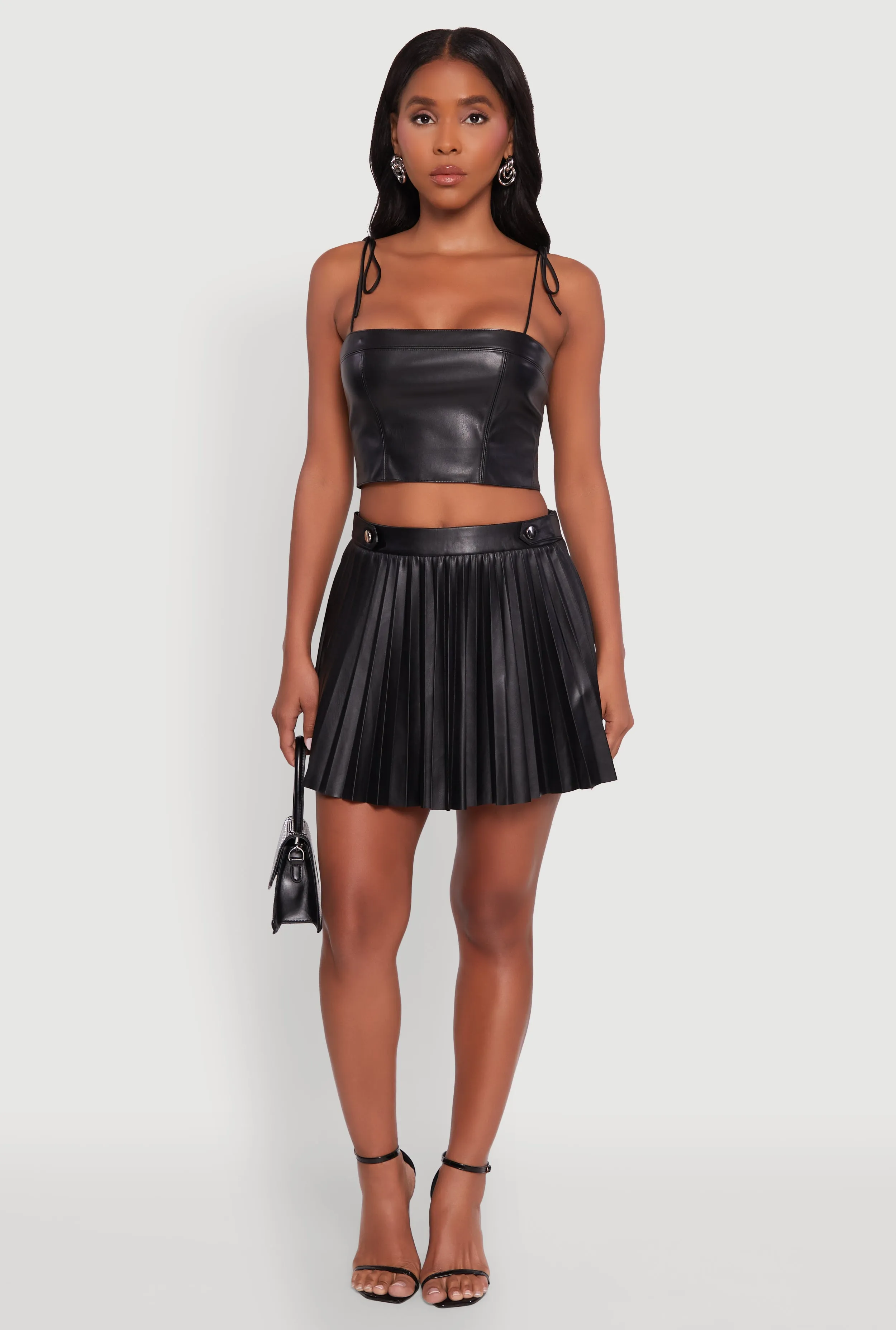 Luxury Finish Faux Leather Mini Pleated Skirt