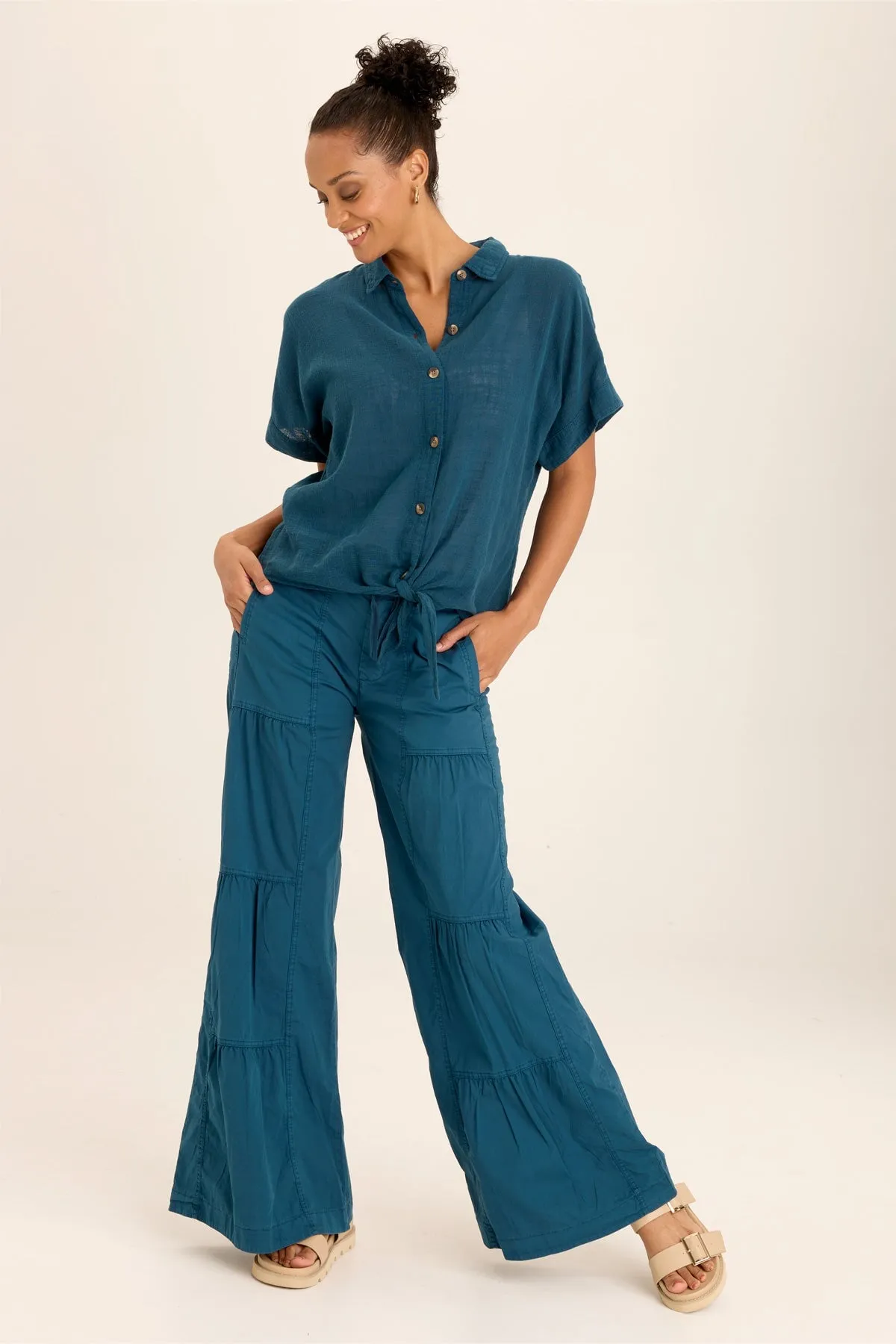 Teagan Gauze Tie-Front Tortioiseshell Button-Up CompressionKnit StaticResistantTextile