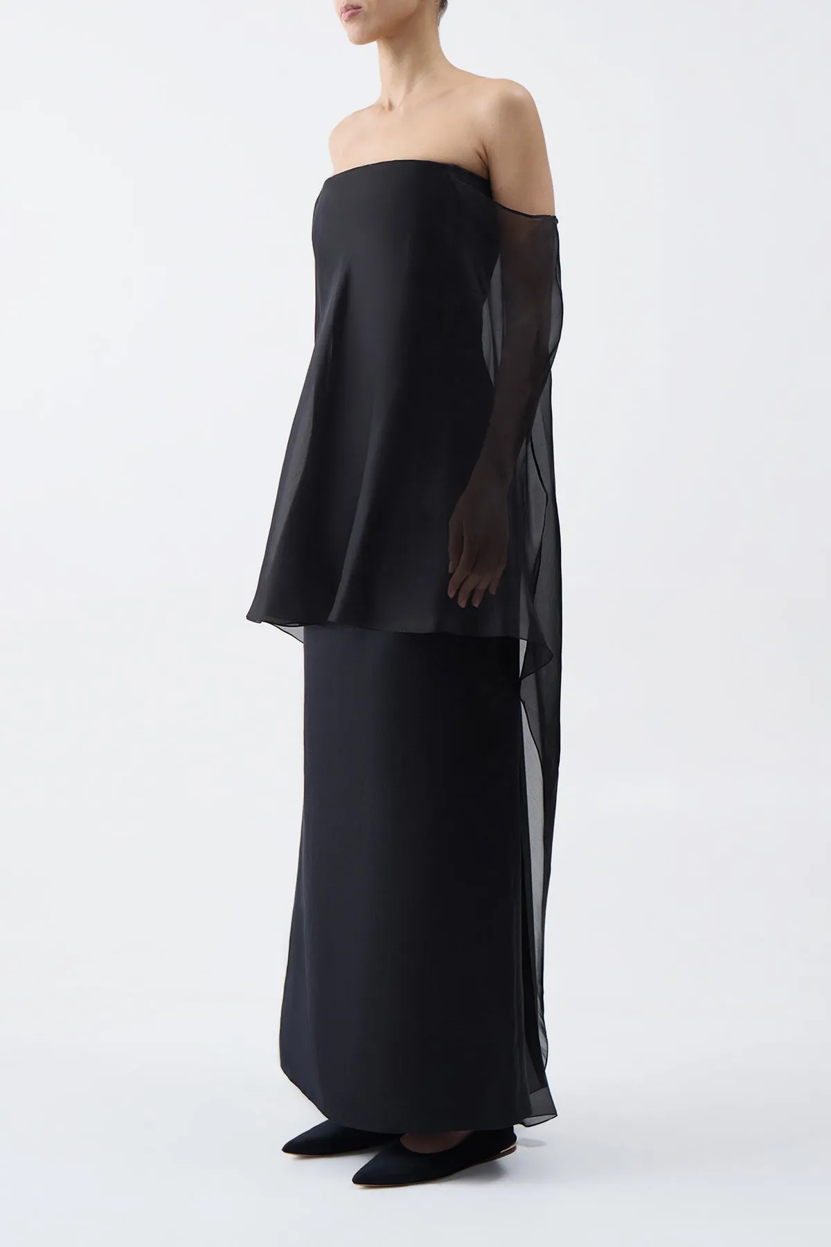 Adjustable drawstring Marisha Maxi Dress in Black Textured Linen with Silk Organza Sheer Cape