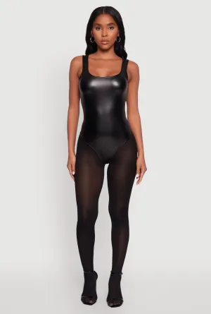 Office work Faux Leather Sleeveless Scoop Neck Bodysuit