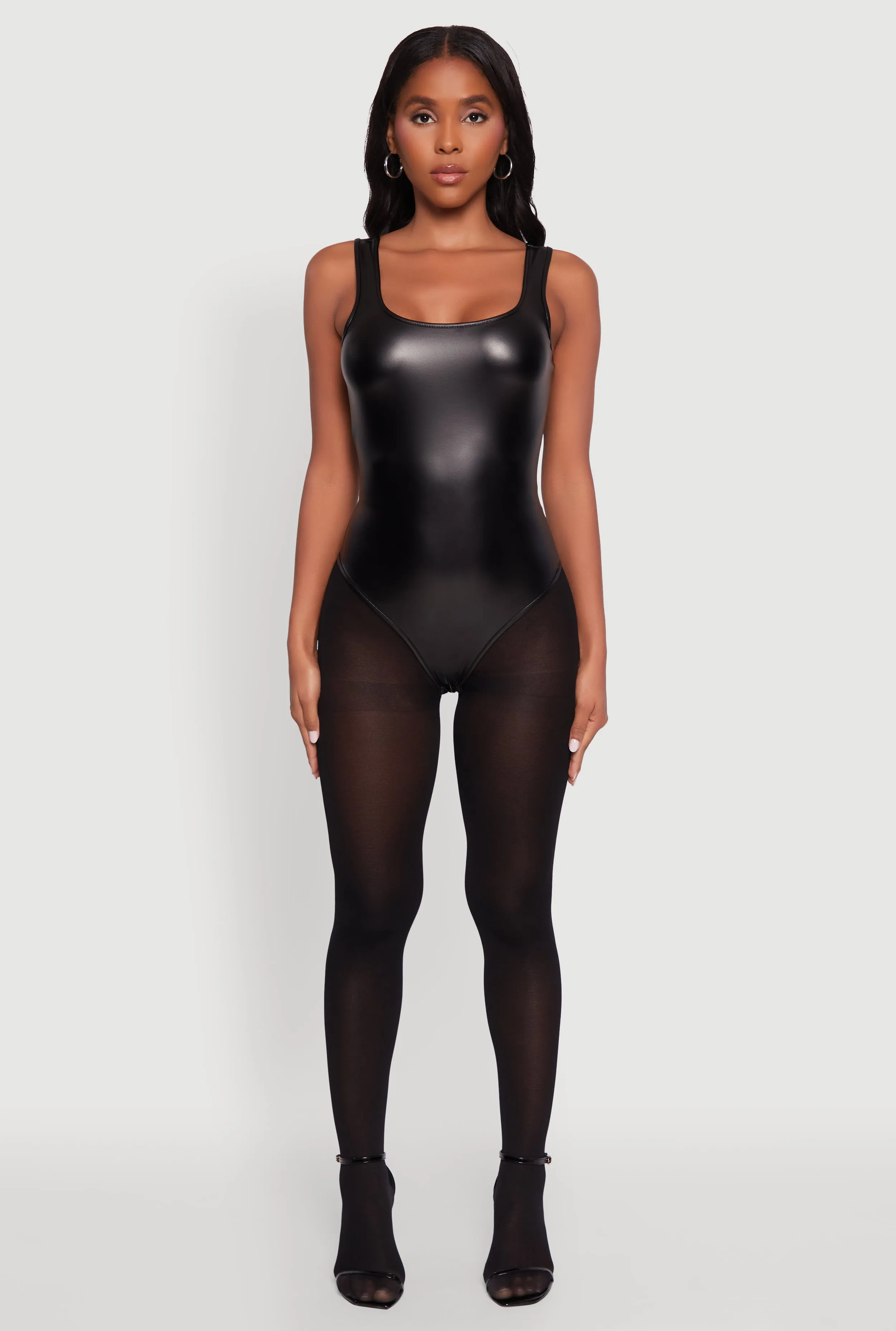 New Fine Everyday Charming Faux Leather Sleeveless Scoop Neck Bodysuit