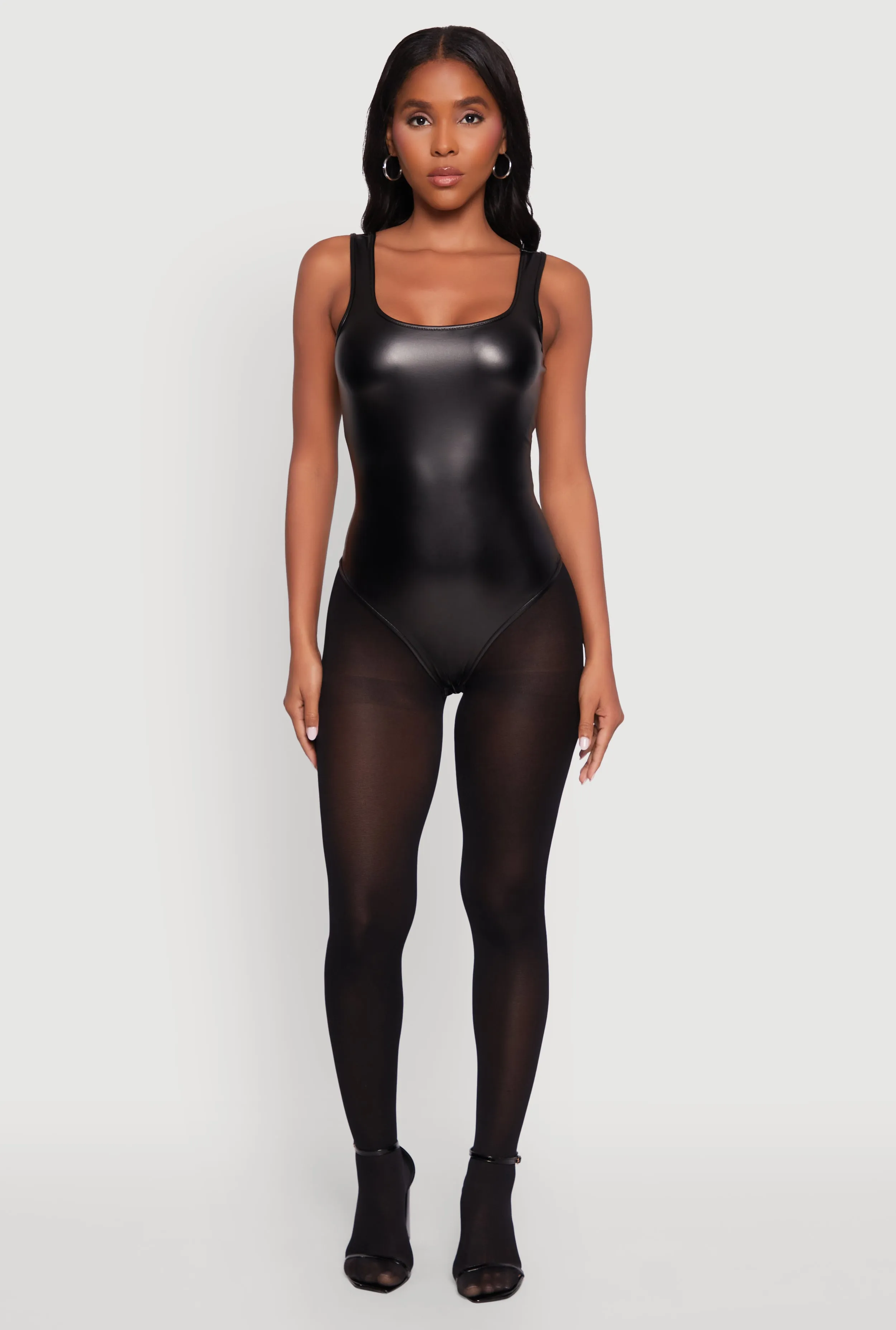 Office work Faux Leather Sleeveless Scoop Neck Bodysuit