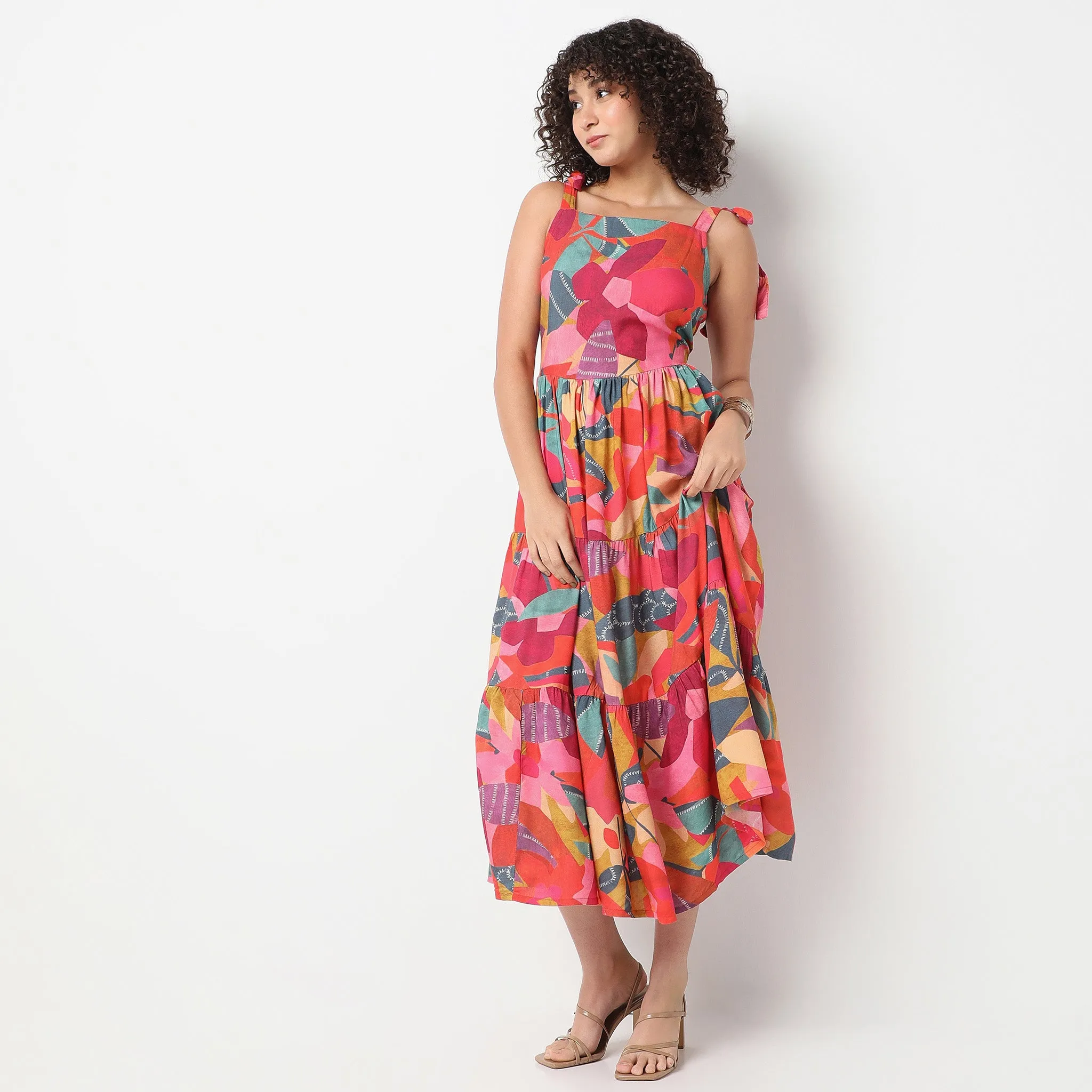 Square Neck Knee Length Flare Fit Printed Strap Dress QuickAccessPockets Semi Formal