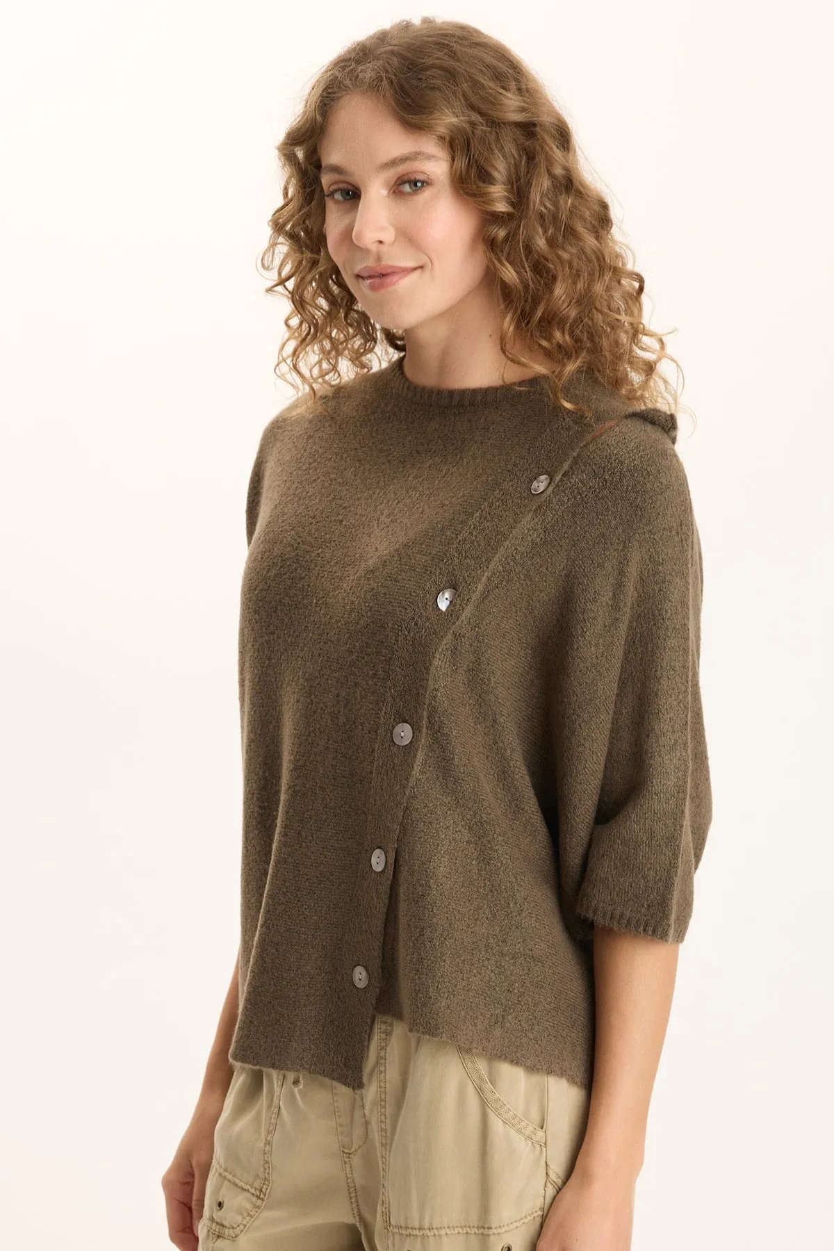 Osiris Asymmetrical Button Detail Knit Poncho Air Move