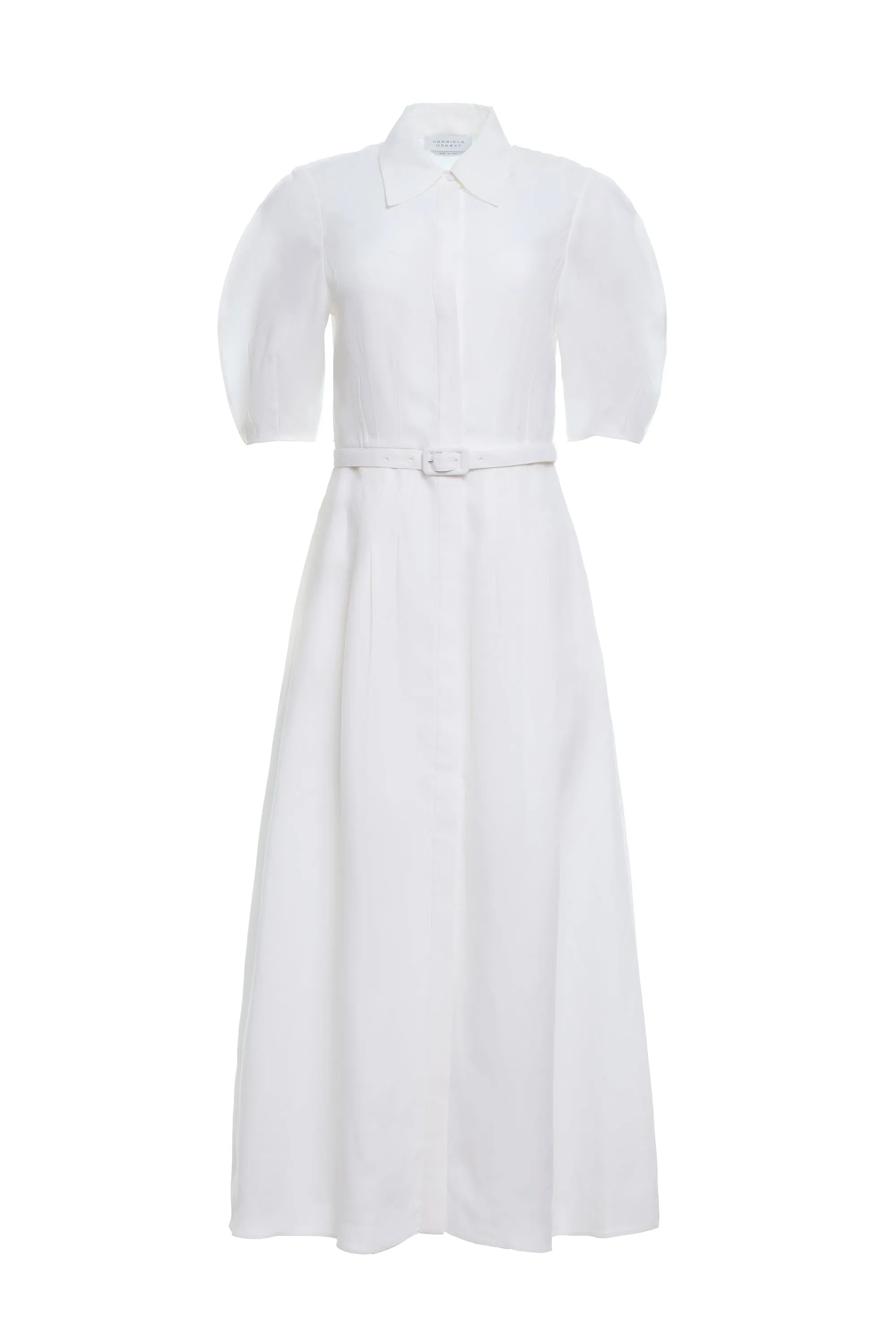 Maude Pleated Midi Shirtdress in White Aloe Linen Flexible Waistline