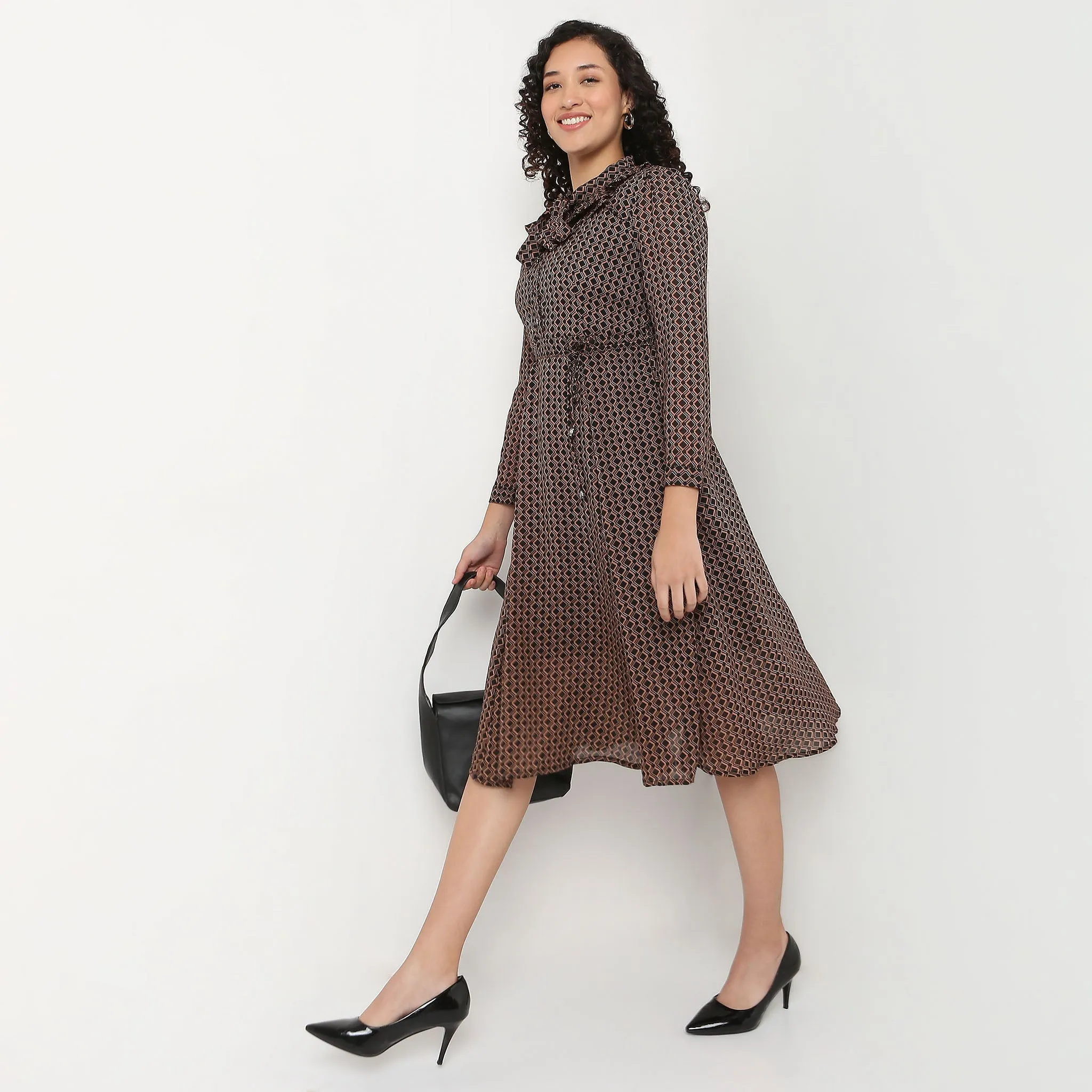 CompactFold Downtown Cool Printed High Neck Dress With self-tie bow detail