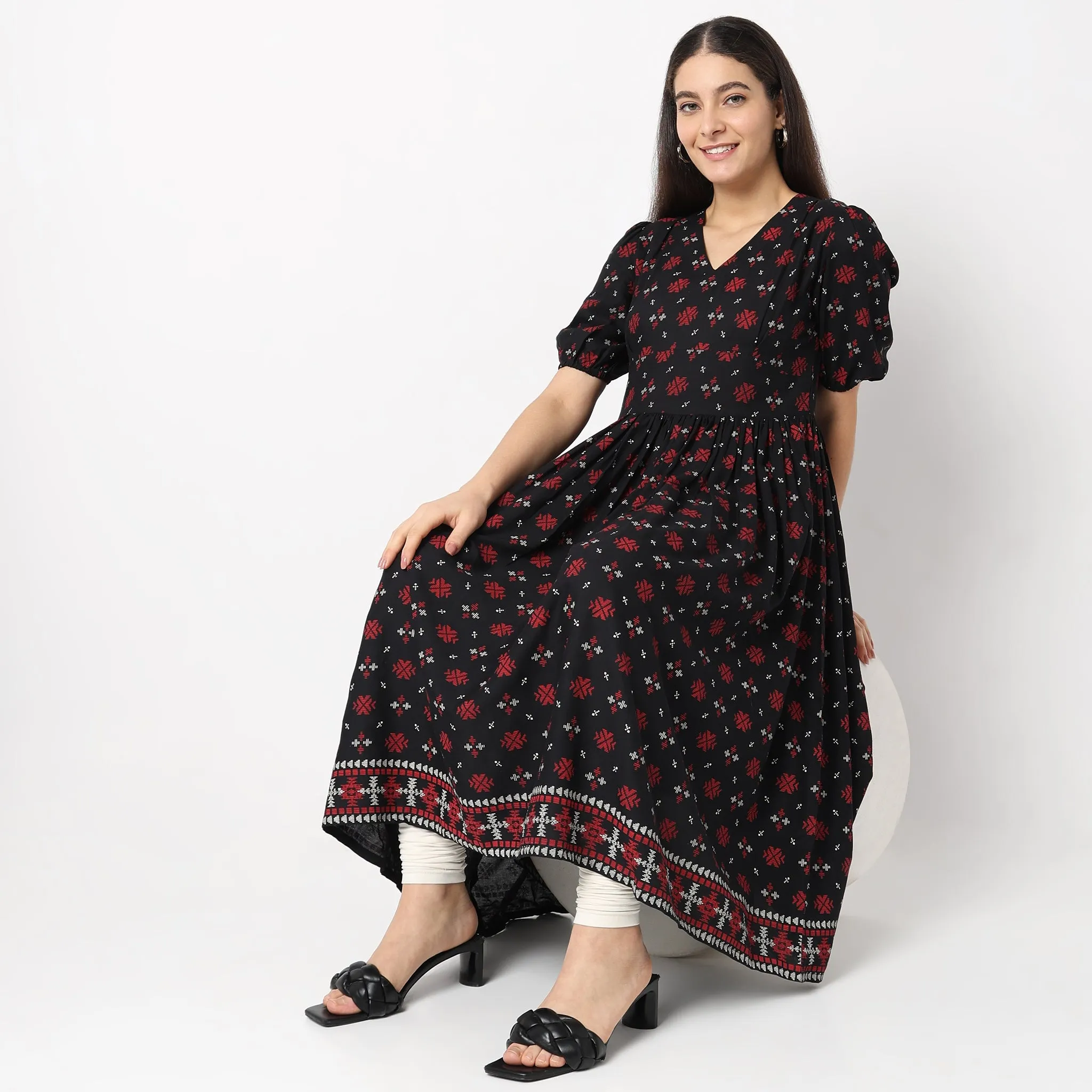 Flare Fit Printed Dress warm glow TactileStitching