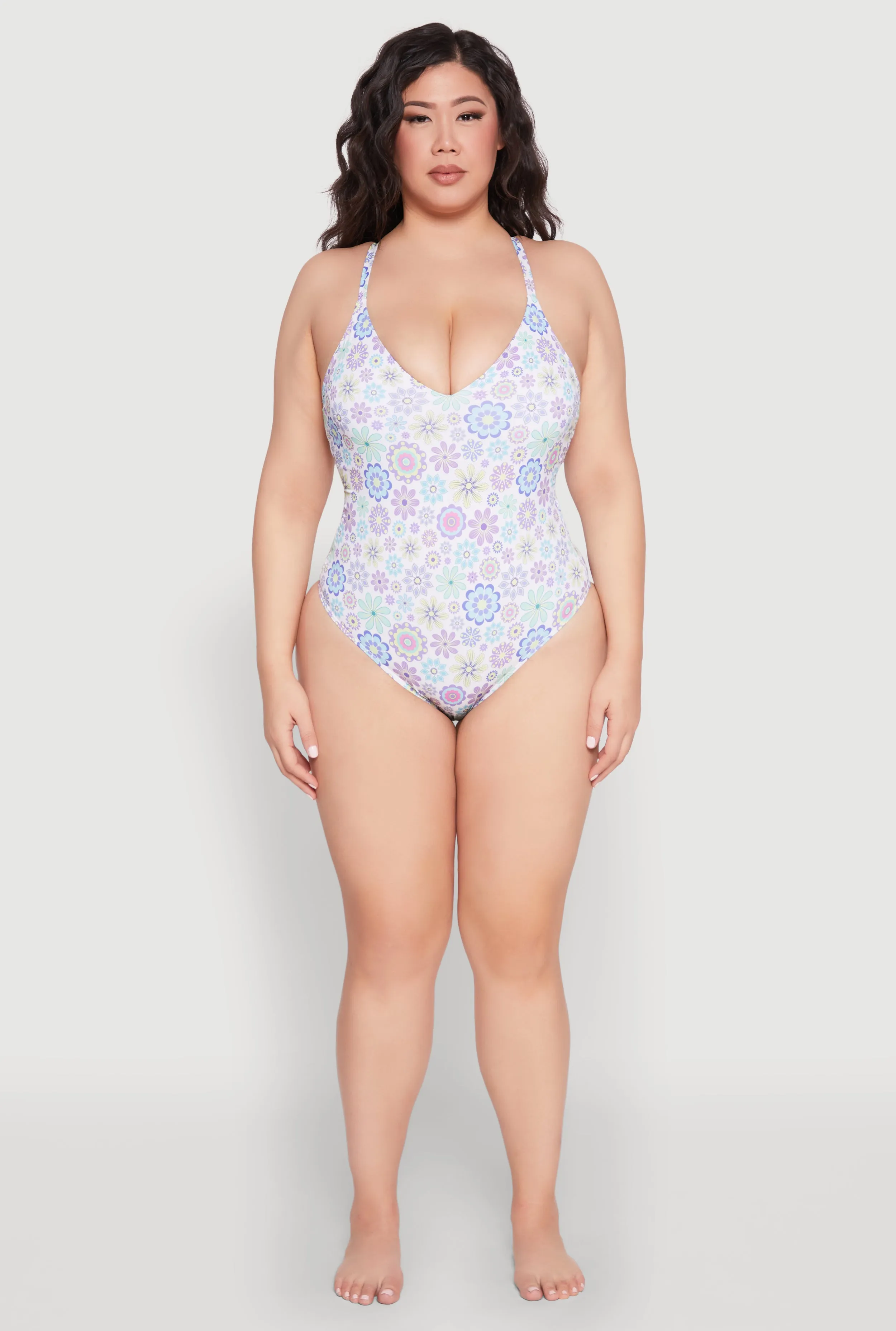Plus Size Retro Floral V Neck One Piece Swimsuit Molded Inner Layer