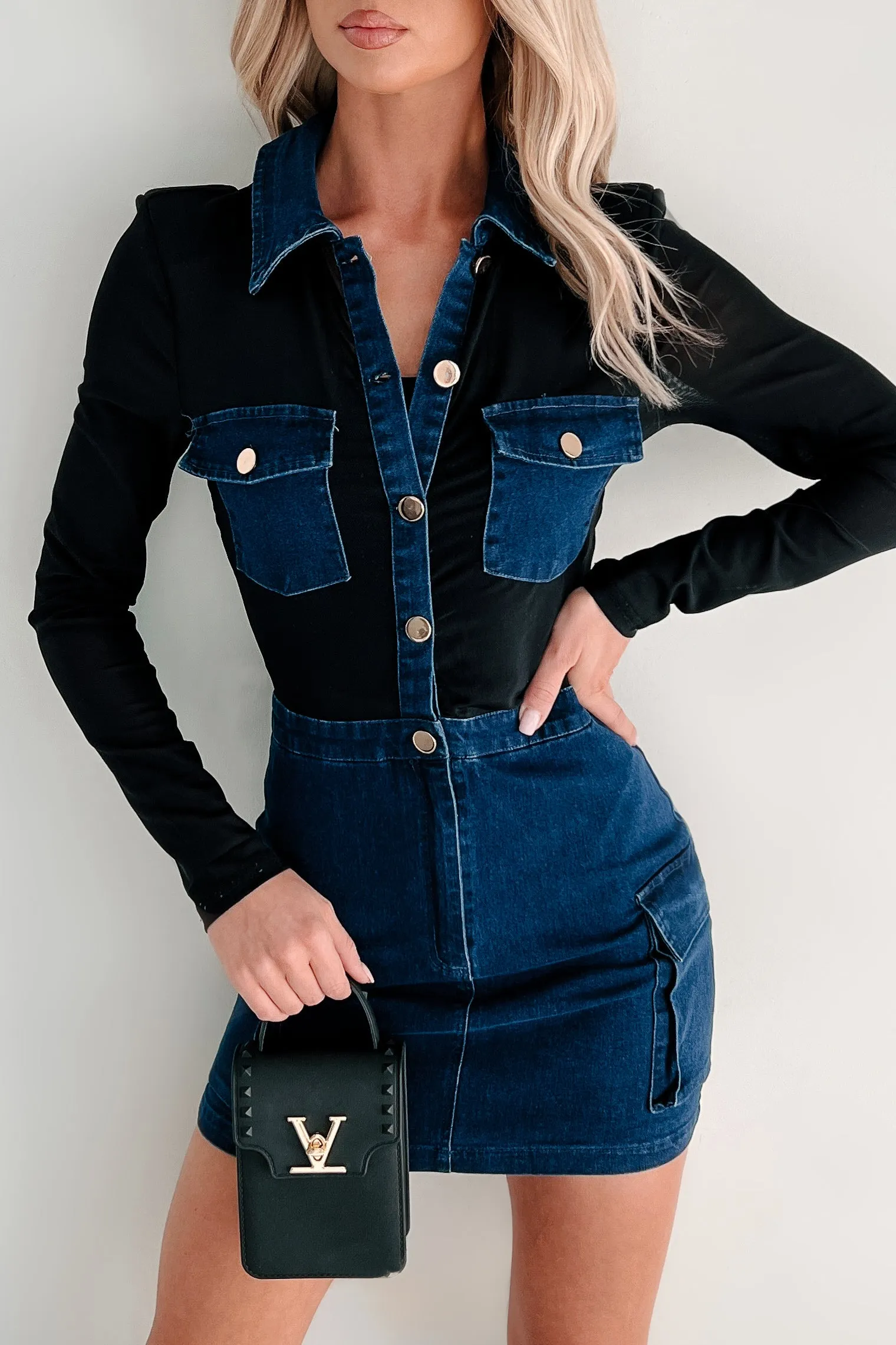 Light Beat Bold Wear Tailored To Perfection Mesh Denim Mini Dress (Denim Blue)