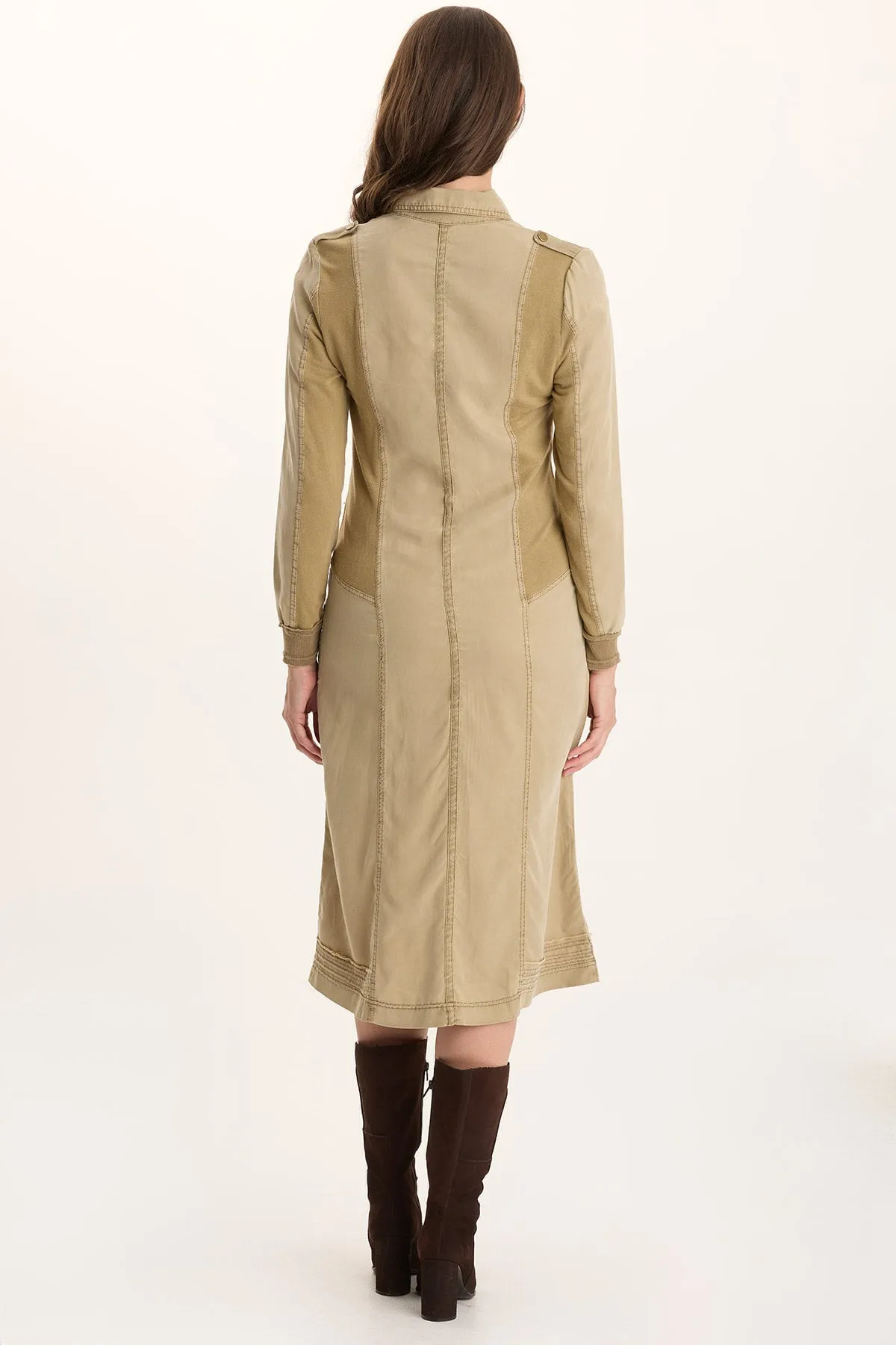 Oksana Twill/Jersey Snap-Up Midi Dress OdorResistantFabric