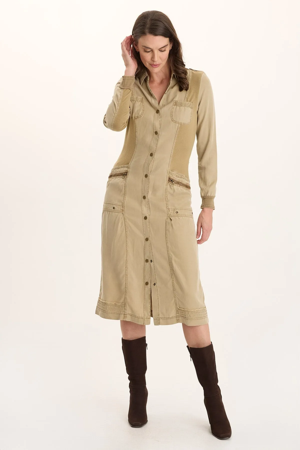 Flexible Waistline AntiBacterialTextile Oksana Twill/Jersey Snap-Up Midi Dress